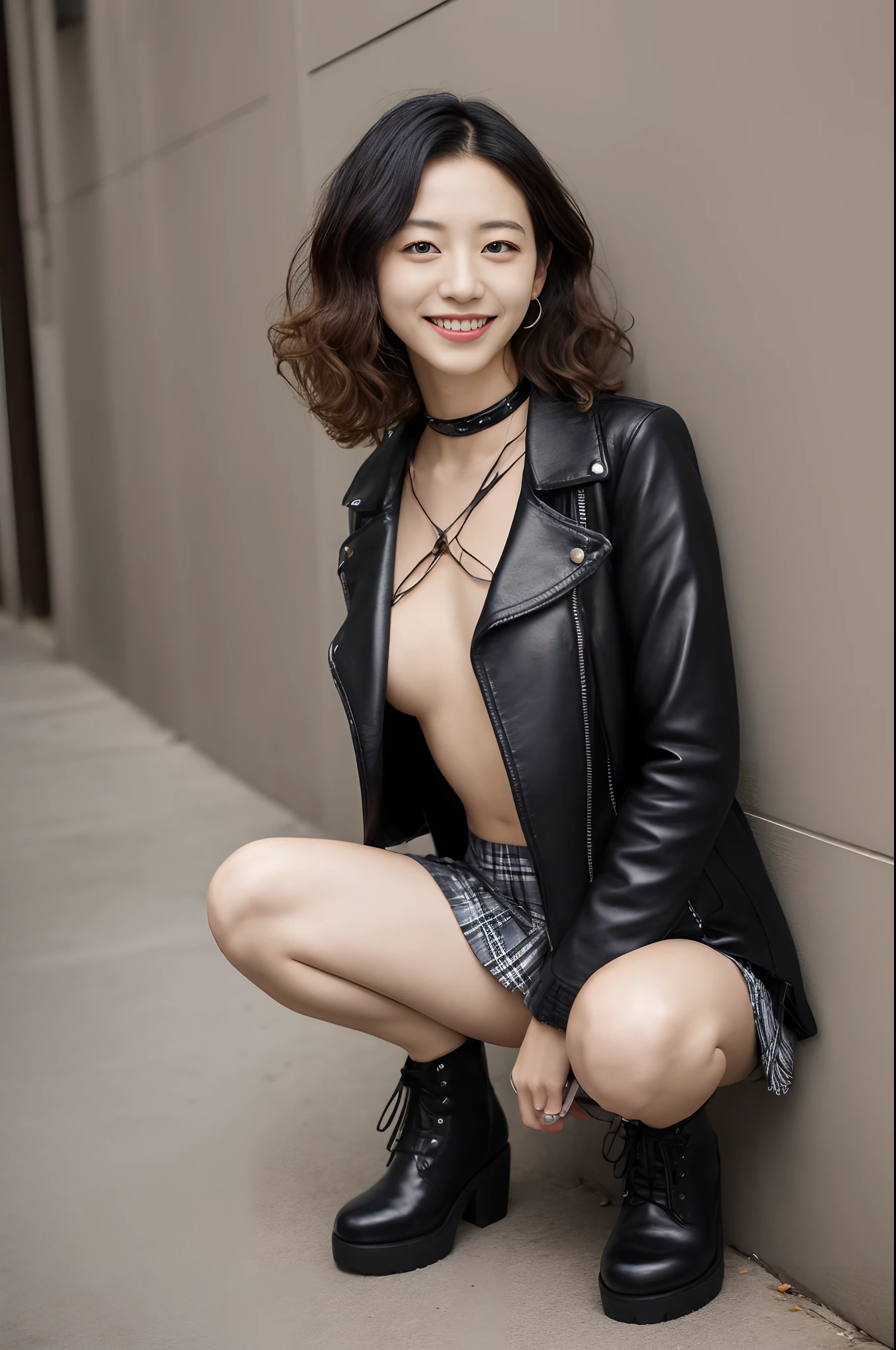 ((真实感)), s lips, 细致背景, 1girl, Lily Larimar crouching in a dark alley, natural breast, Wearing a leather jacket, (Plaid skirt), Leather Boots, Encrusted choker, Middle hair、Curly hair、blonde hair, (soft smiling), Look at viewers, wide waist, Spread your legs apart、gradation hair