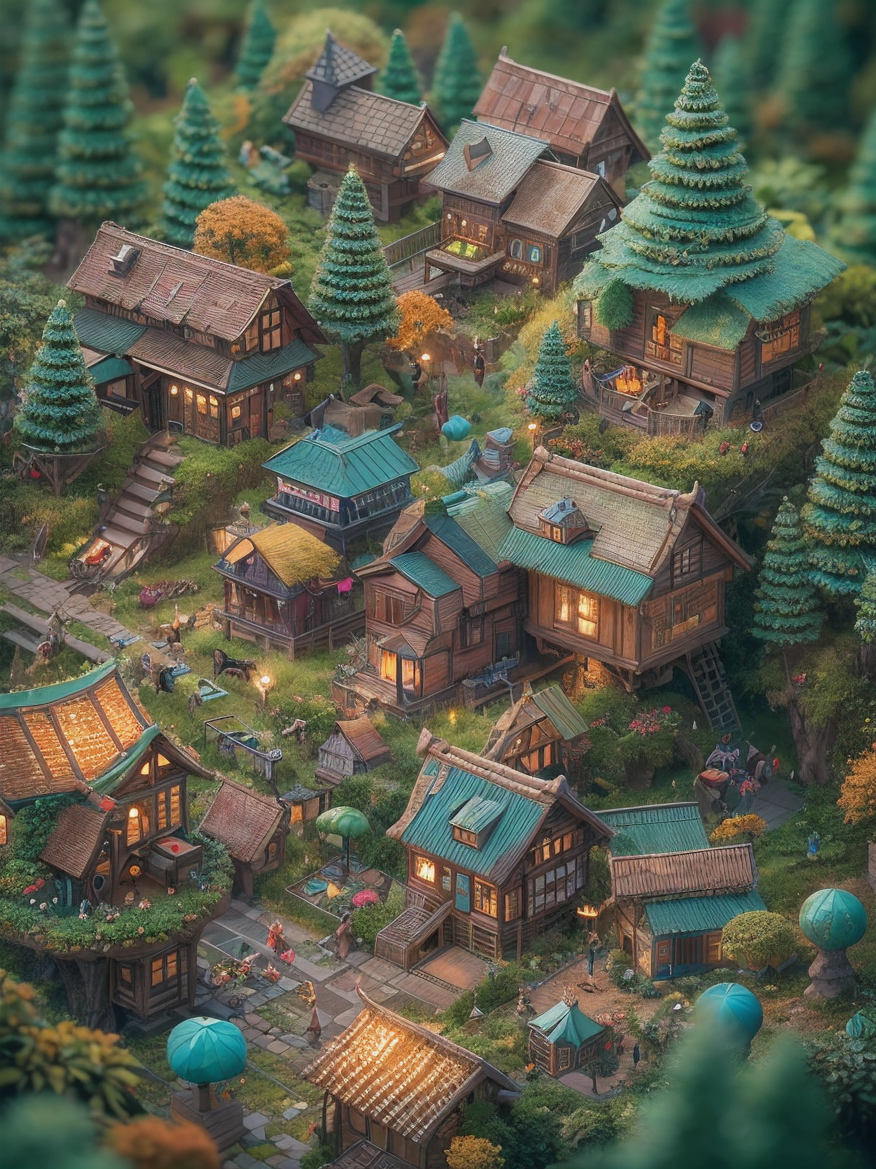 Isometric Complete tiny world with all kinds of adorable colourful tiny hairy fantasy forest houses, Miki Asai Macro photography, close-up, hyper detailed, trending on artstation, sharp focus, studio photo, intricate details, highly detailed, by greg rutkowski