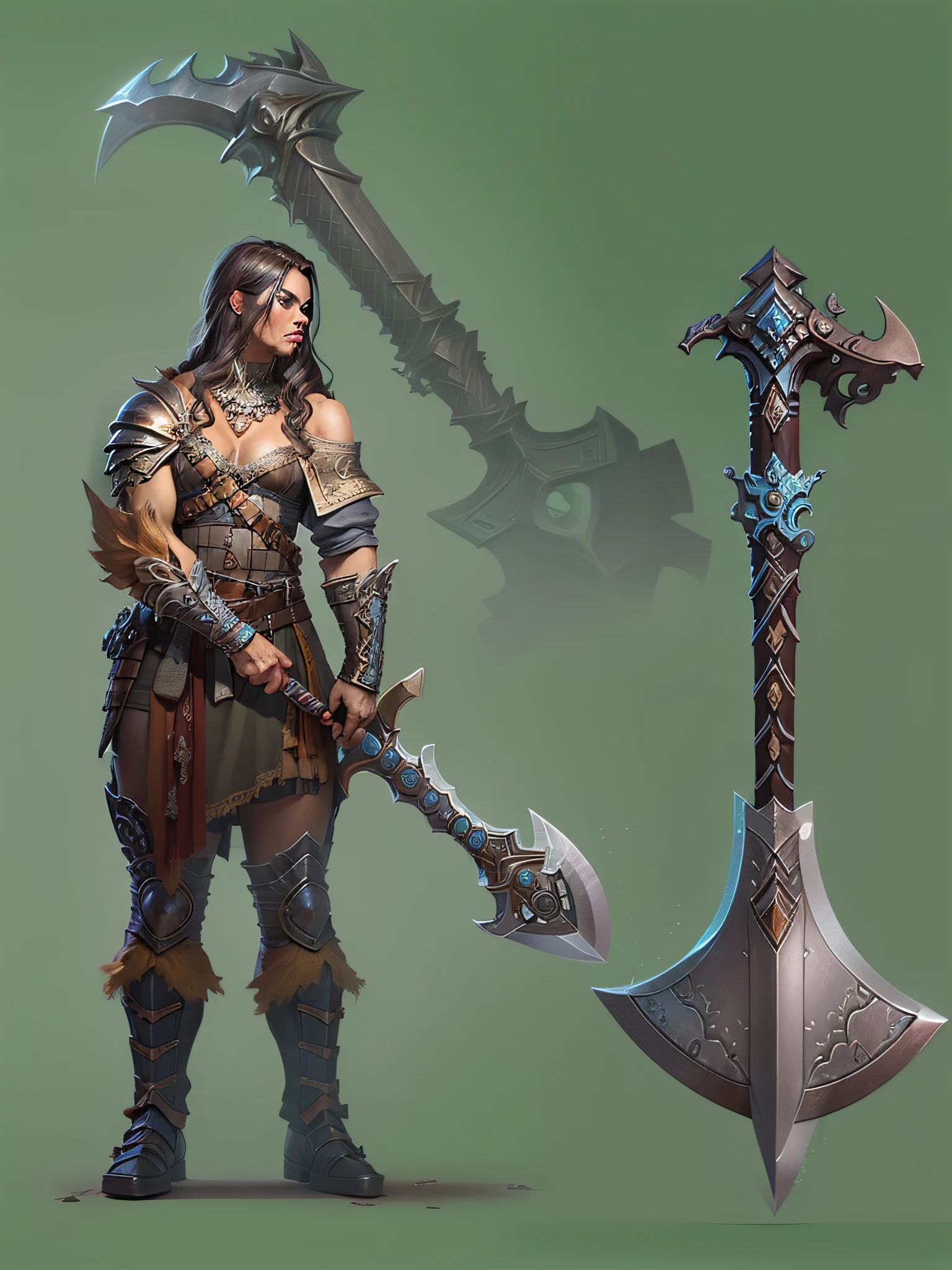 Concept art, 1 Fantasy Barbarian Huge Axe, twisted, Decorated, Blade: blued steel, 1weapon