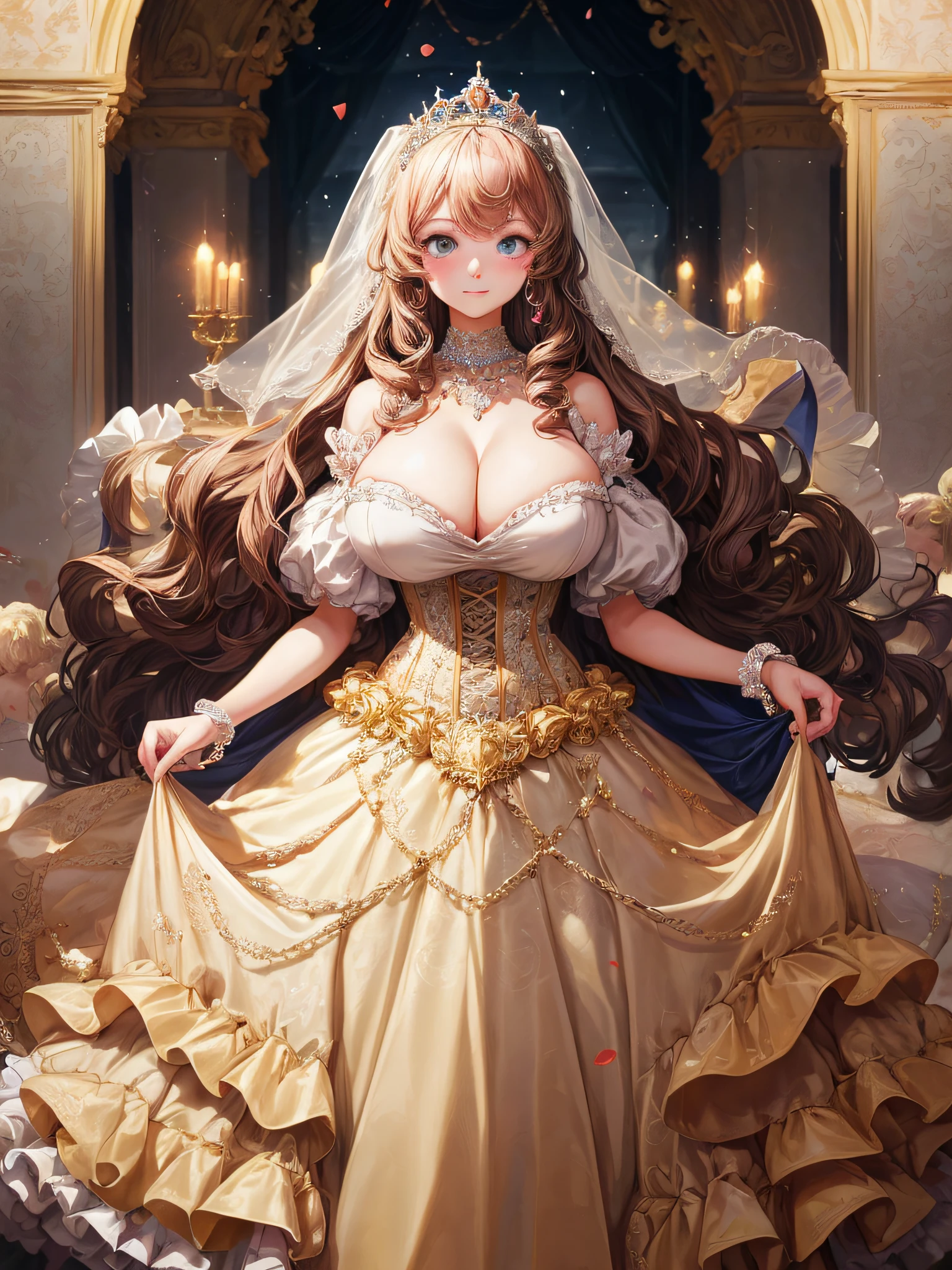(masterpiece, best quality,extremely detailed:1.1),(moe anime art style:1.2),1girl,((full body,focus face)),((solo)), cute, kawaii,digital art,((1 gorgeous anime princess wearing beautiful embroidery and jeweled ruffled gorgeous princess rococo ballgown with voluminous full length hoop skirt)),((crinoline)),long train,voluminous frills,(gorgeous embroidery and beautiful lace),((very gigantic boobs,skindentation)),cleavage,shiny hair,(((very long hair,large amount of straight hair))),((finely detailed face and eyes)),clear pupil,extremely gorgeousfull hair ornament,(bling-bling jeweled extremely gorgeousfull tiara),(bling-bling gorgeous gemstone jewelry),long veil,beautiful background,fantasy background,flowers,flower petals flowing,full body,((beautiful embroidery and jeweled ruffled gorgeous princess rococo ballgown with voluminous full length hoop skirt))
