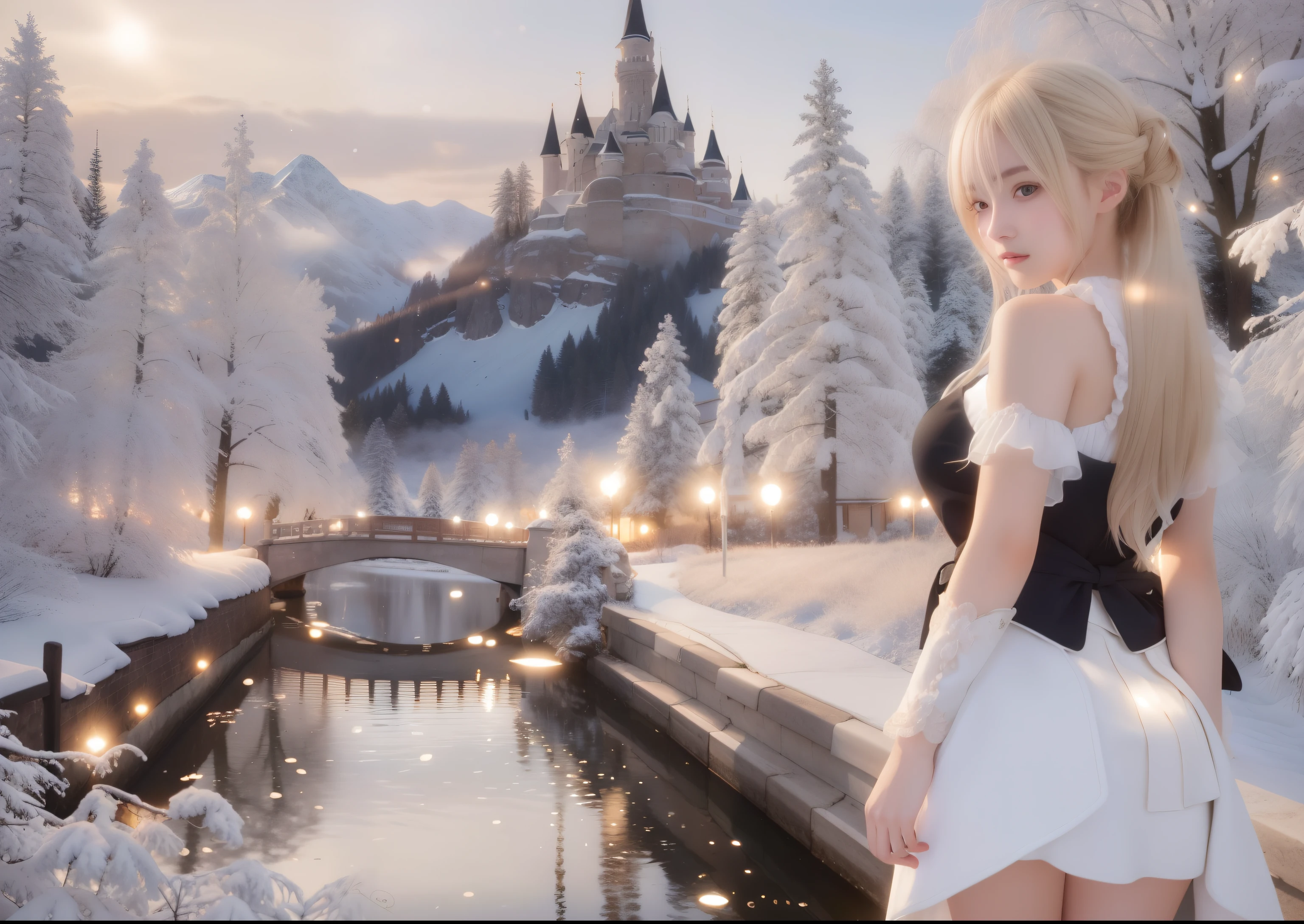 best quality, masterpiece, high_res, 1girl, hair ornament, upon body, photo realistic, rim lighting, two tone lighting, (high detailed skin:1.2), 8k uhd, dslr, soft lighting, high quality, volumetric lighting, candid, Photograph, high resolution, 4k, 8k, from behind, red coat, white skirt, blonde hair, holding white Beretta