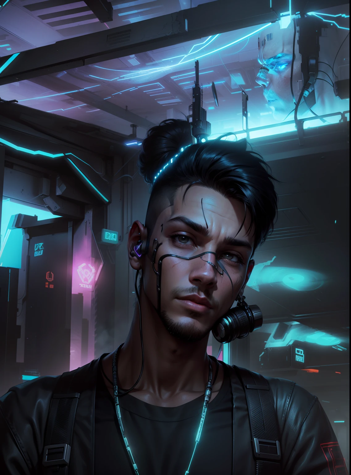 Change background cyberpunk banduome boy, realistic face, lik, ultra realistic handsome boy AI