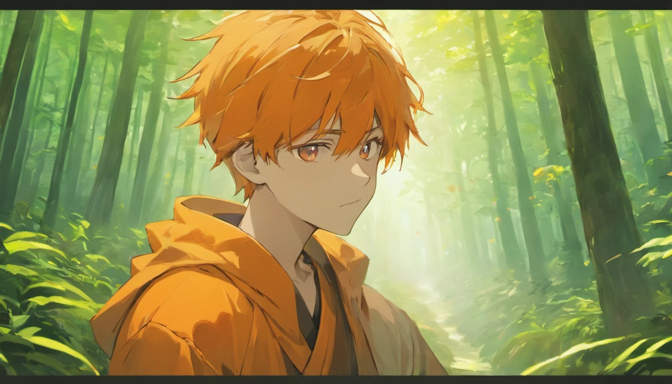 A japanese male student wearing orange cloth, forest and mountain