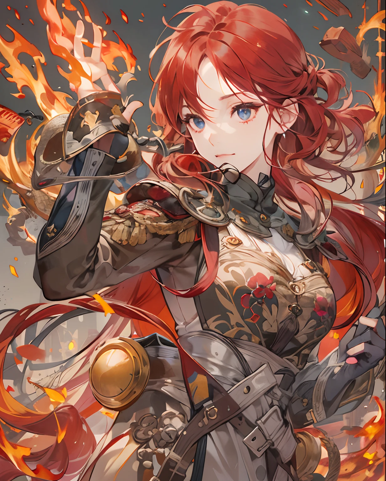 (masuter piece,Best Quality,Ultra-detailed),(absurderes),1girl in,intricate detailes, magnified textures, finely eye and detailed face,red hairs,(a closed mouth),perfect eyes,Matching eyes,Fire Emblem