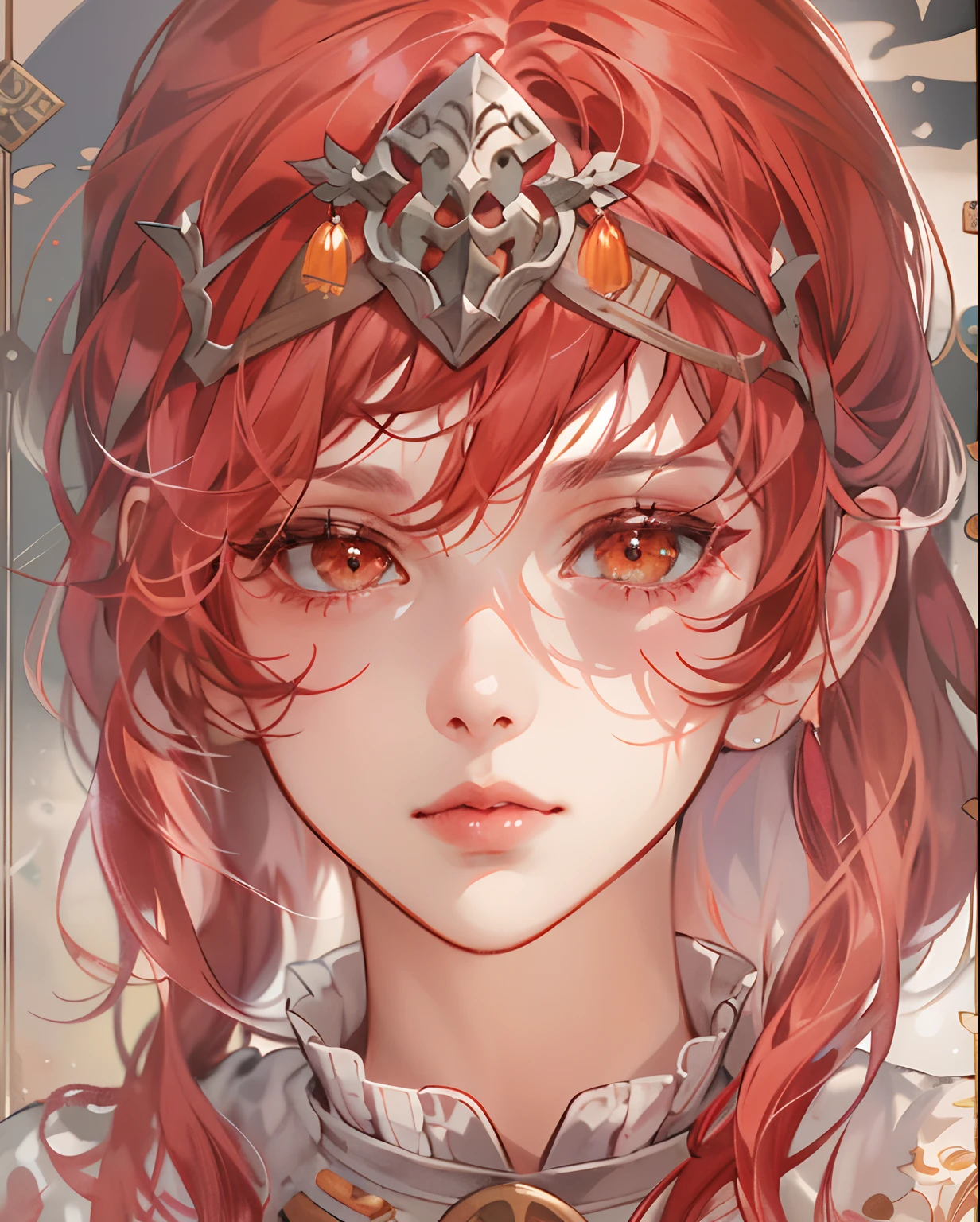 (masuter piece,Best Quality,Ultra-detailed),(absurderes),1girl in,intricate detailes, magnified textures, finely eye and detailed face,red hairs,(a closed mouth),perfect  eyes,Matching eyes,Fire Emblem