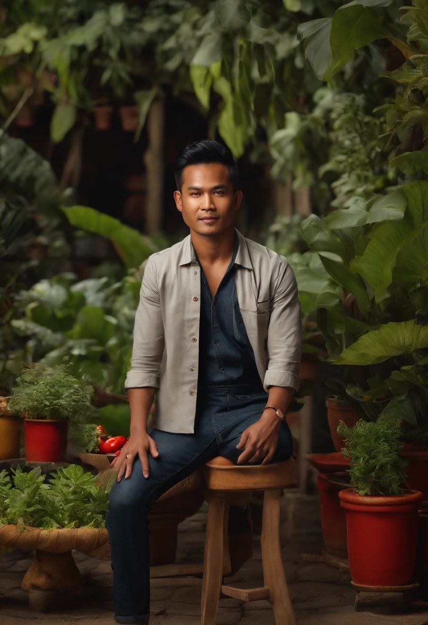 Create an image of a indonesian chef. About 25-30 years old. Standing in from of camera. Behind there should be a cbeautiful garden. Chef wears a jeans pants and a dashirt.