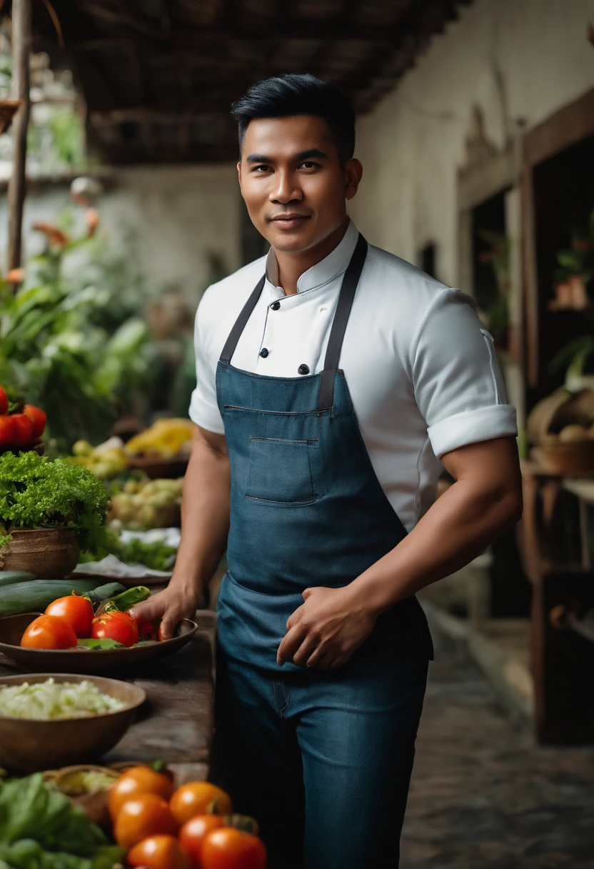 Create an image of a indonesian chef. About 25-30 years old. Standing in from of camera. Behind there should be a cbeautiful garden. Chef wears a jeans pants and a dashirt.