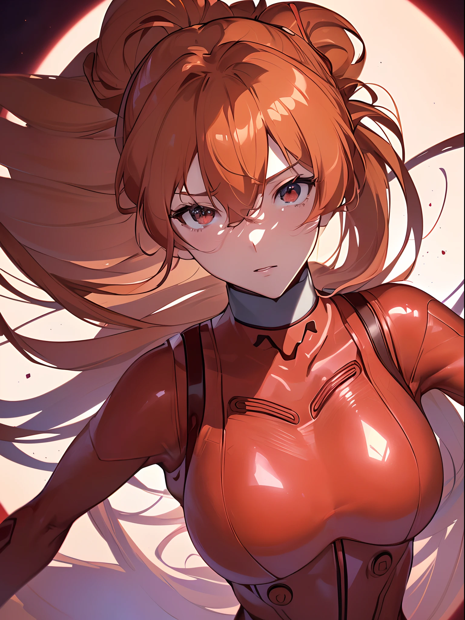 ((souryuu asuka langley,bodysuit,red plugsuit1.2,Blonde,ponytail)),(Glowing eyes:1.233), diffuse reflection, high-profile, majestic,(Tsundere,very blushing face,)(Beautiful and detailed eyes:1.3),1girll,Solo,(Masterpiece,Best quality, offcial art,Target the audience, Beautiful and aesthetic:1.3),(超高分辨率,Golden ratio, (4K), looking from above,((bouquet)),Floating, (photon maping, Radio City, Physically-based rendering,automatic white balance),Amazing,Sharp focus,Rich background, (((highdetailskin,)))Dynamic lighting,Intricately detailed clothing,Watery eyes,(masterpiece sidelighting),(a beauty girl,The sheen),[[Delicate fingers and hands:0.55]::0.85],(Detail fingers),((((BREAK,Design an image with a fisheye lens effect, capturing a wide field of view with a distinctive, curved perspective:1.8.BREAK,)))Superior photographic quality((extremely_Detailed_Eyes_and_face)),(Disheveled hair),Movie girl,