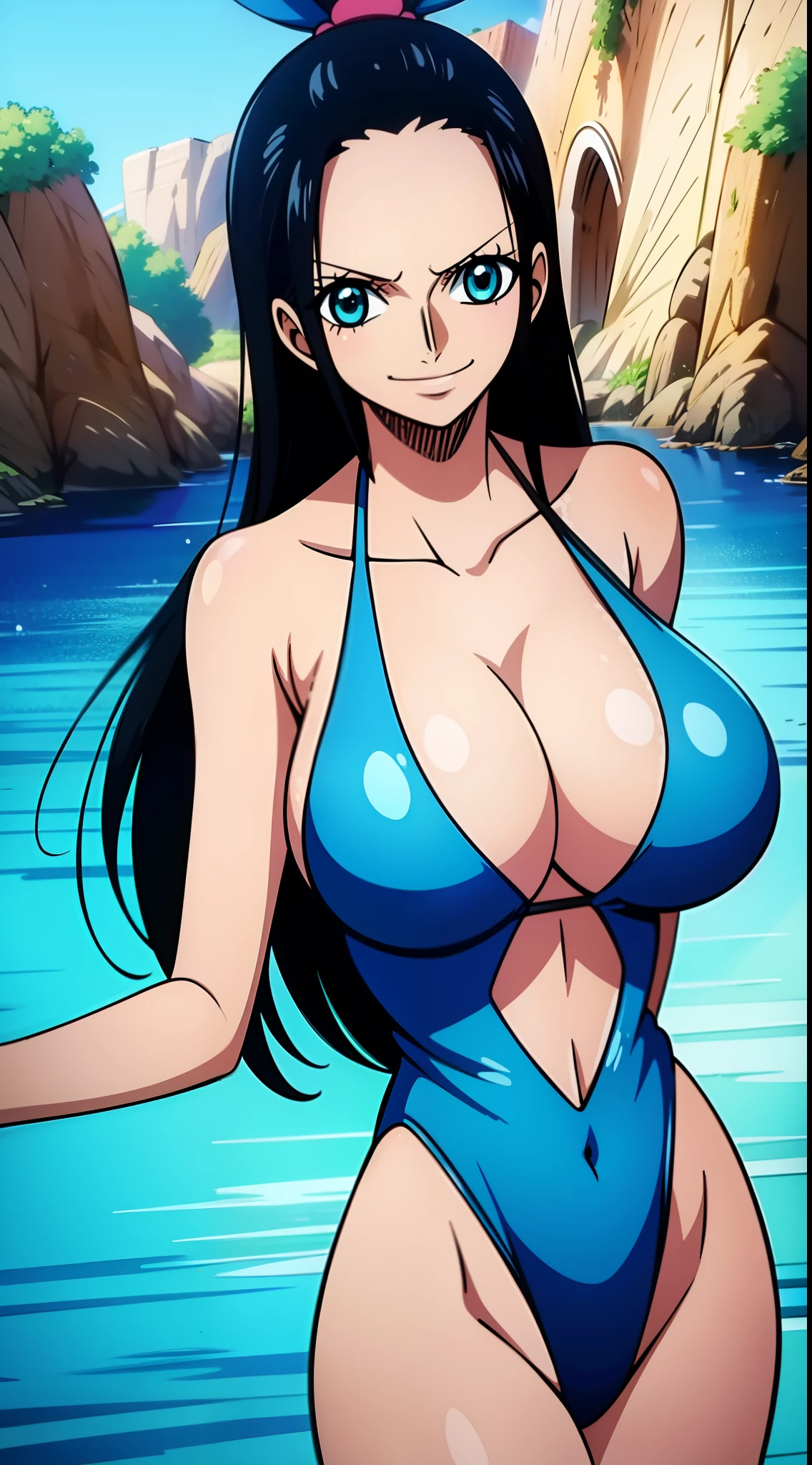 Nico Robin One Piece, 8k, Perfect quality eyes blue eyes Nico Robin, 1girl, aqua eyes, Black hair, huge breasts smile bunny girl bunnysuit