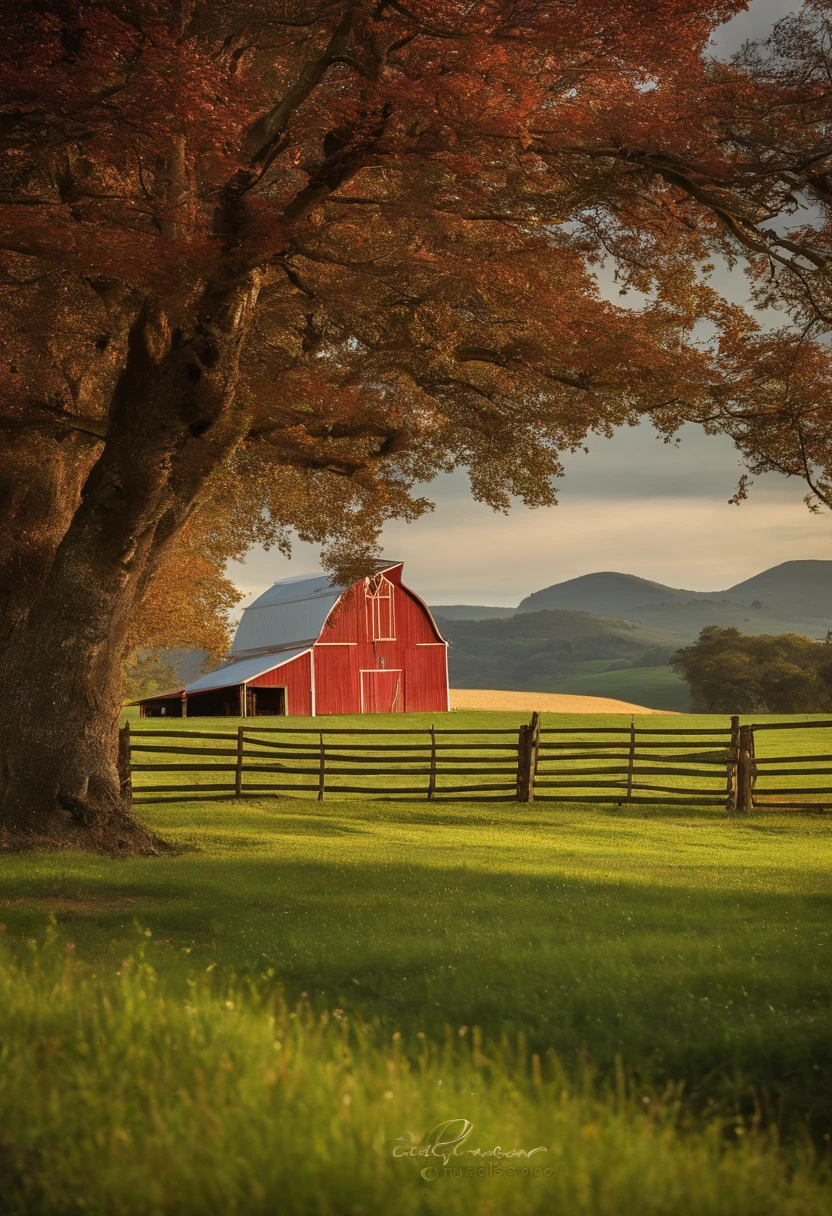 There is a red barn in a field with mountain, varias arvores e cerca ao redor, alguns animais, ao fundo, Red barn in the distance, country landscape, Vista ampla de uma fazenda, celeiro no fundo, farm land, celeiro no fundo, esplendor rural, Fazendas, barnet, Rural area, Gambrel roof building, Quinta, ao lado de uma casa de fazenda e um celeiro, ao lado de um celeiro vermelho, fazenda, tem varias arvores, um cercado, alguns animais, vaca, galinha