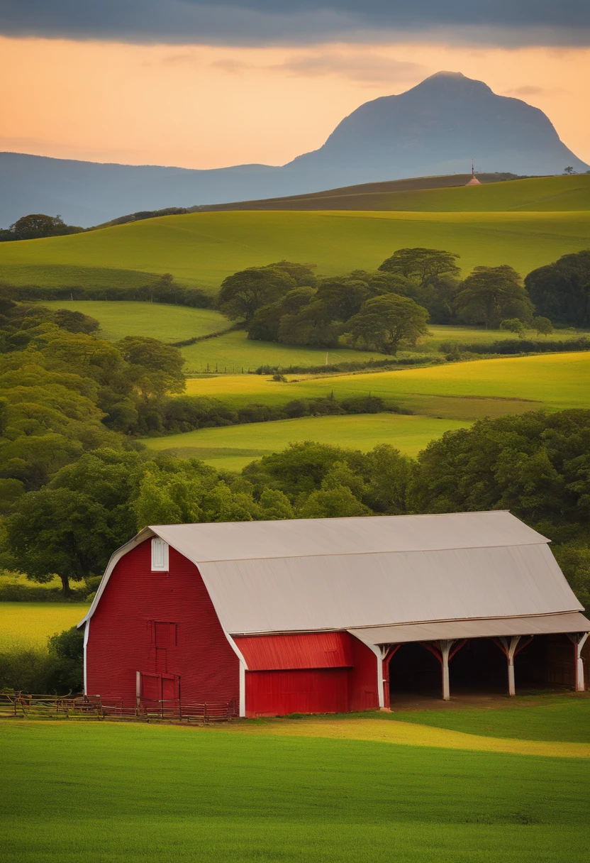 There is a red barn in a field with mountain, varias arvores e cerca ao redor, alguns animais, ao fundo, Red barn in the distance, country landscape, Vista ampla de uma fazenda, celeiro no fundo, farm land, celeiro no fundo, esplendor rural, Fazendas, barnet, Rural area, Gambrel roof building, Quinta, ao lado de uma casa de fazenda e um celeiro, ao lado de um celeiro vermelho, fazenda, tem varias arvores, um cercado, alguns animais, vaca, galinha