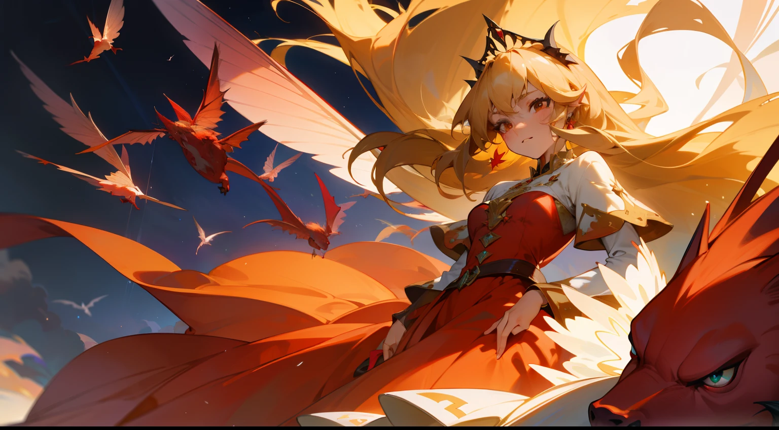 unbeatablemasterpiece,smile,1girl,golden hair,bahamut(greek goddess),Mountains,huge red bird,