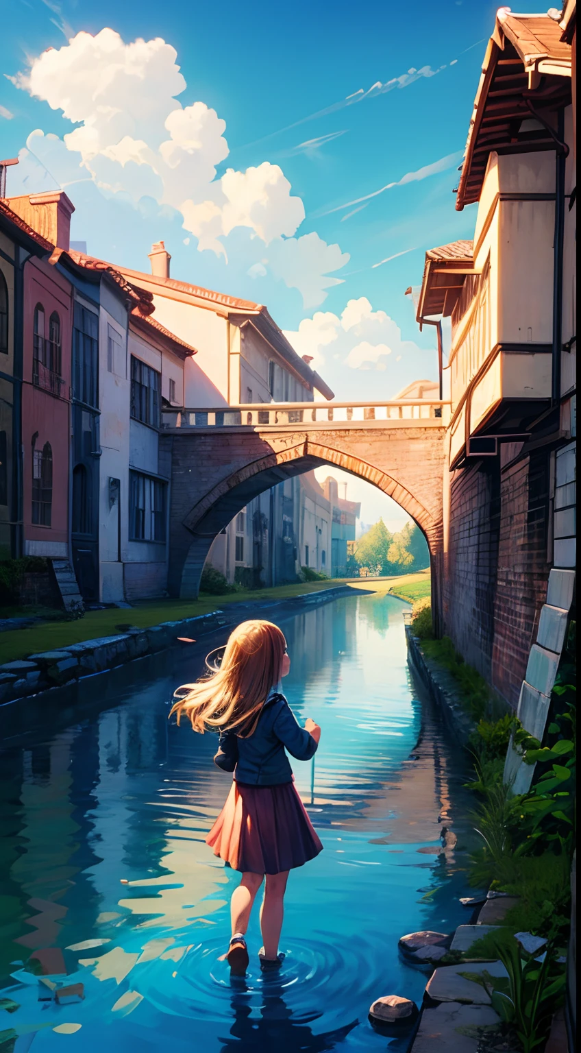 a girl exploring a magic world, adventure, magic, fantasy, impossible, cute, happy