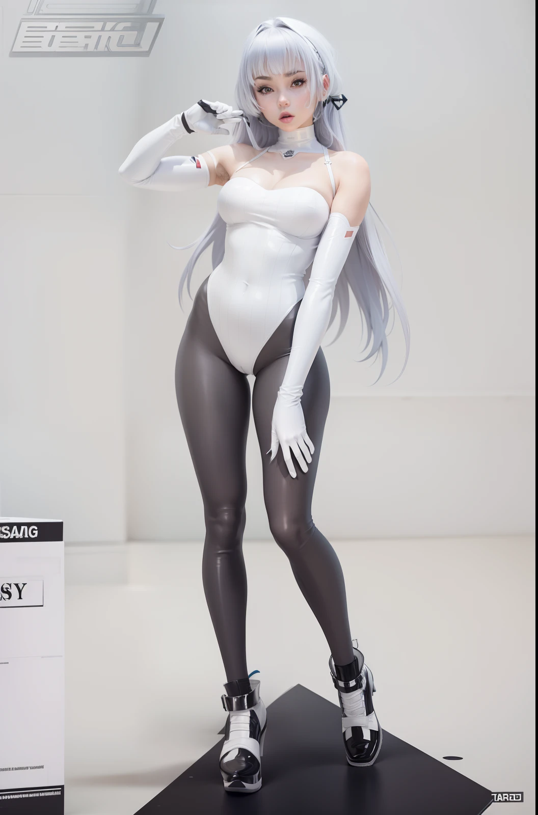 Tight latex clothing,Reflective bandeau,Perfect body line,No shoes,white legwear,Tight white gloves