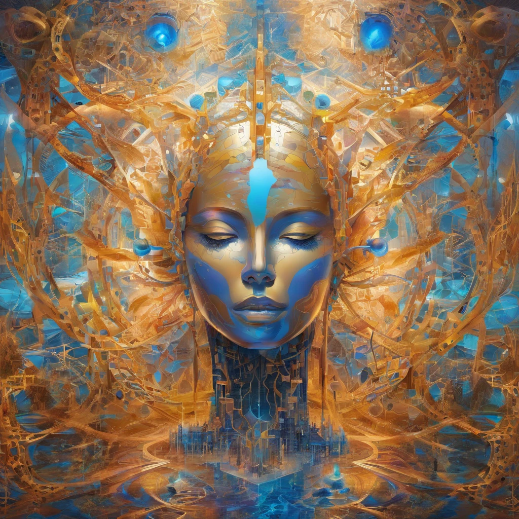 Beautiful symmetrical full body photo painted in oil with thick brushstrokes and wet paint, Fibonacci, golden ratio, melted wax, visible brushstrokes, surrounded by crystal spheres, 3D tessellation wireframe, neural graphic, neurons, tree of life, color, love, passion, oil on canvas, thick brushstrokes, insanely detailed, 8k uhd, masterpiece, artstation, surreal