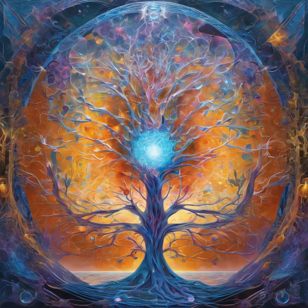 Beautiful symmetrical full body photo painted in oil with thick brushstrokes and wet paint, Fibonacci, golden ratio, melted wax, visible brushstrokes, surrounded by crystal spheres, 3D tessellation wireframe, neural graphic, neurons, tree of life, color, love, passion, oil on canvas, thick brushstrokes, insanely detailed, 8k uhd, masterpiece, artstation, surreal