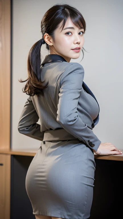 (Best quality, 8k, 32k, Masterpiece, UHD:1.2), from behind, 1girl, beautiy Japanese office lady, (looking at the viewer), bit chubby, grey suit, grey mini skirt, open jacket, office room, desk,  (huge breasts, buttocks:1.2), detailed beautiful  face, pony-tail hair, from below, raise one leg