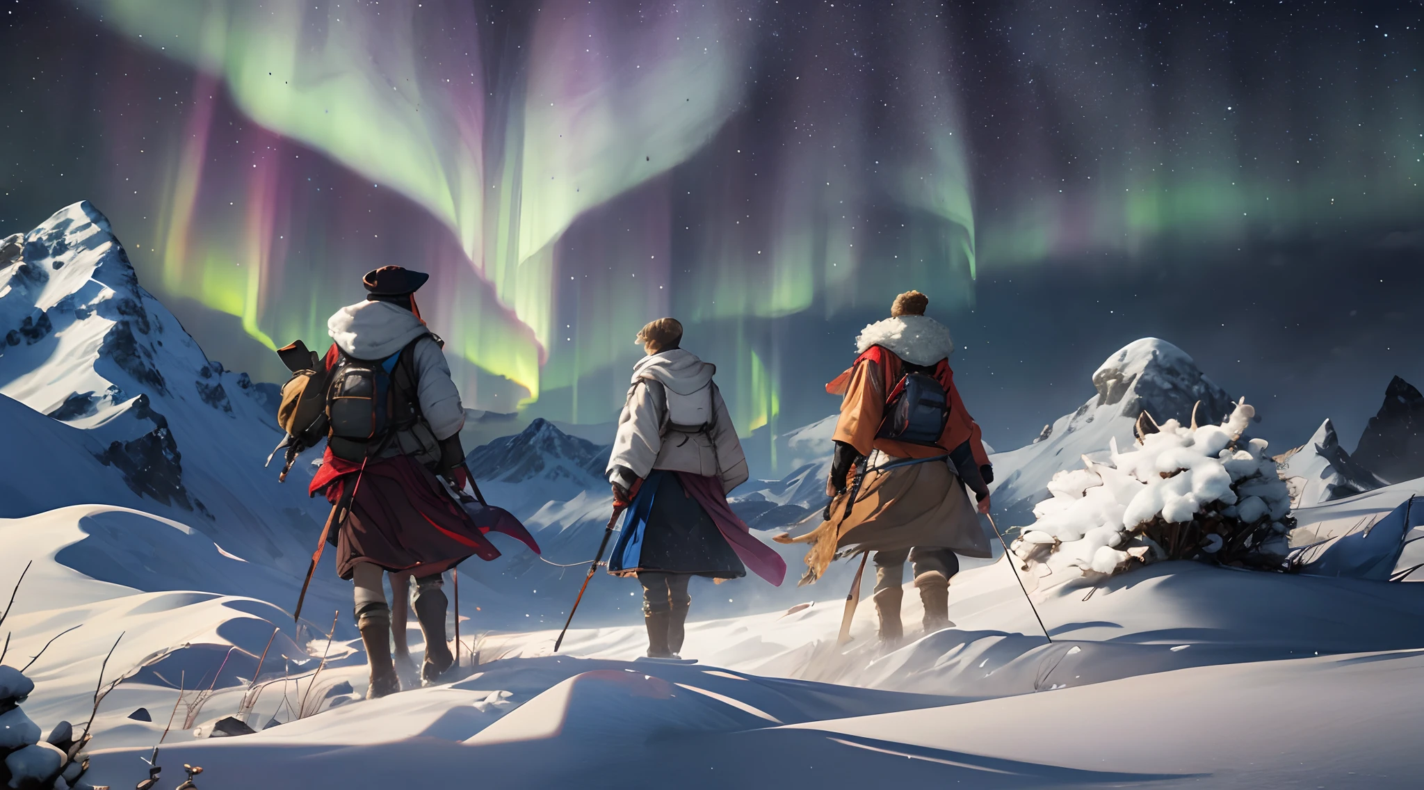 Nighttime, the full moon and bright stars fill the sky, Rocky Mountains thrust upwards, snow, the aurora drops curtains of opalescent light over the landscape, nomads, epic composition, realistic lighting, high-definition detail, masterpiece, best quality, (very detailed CG unified 8k wallpaper), (best quality)