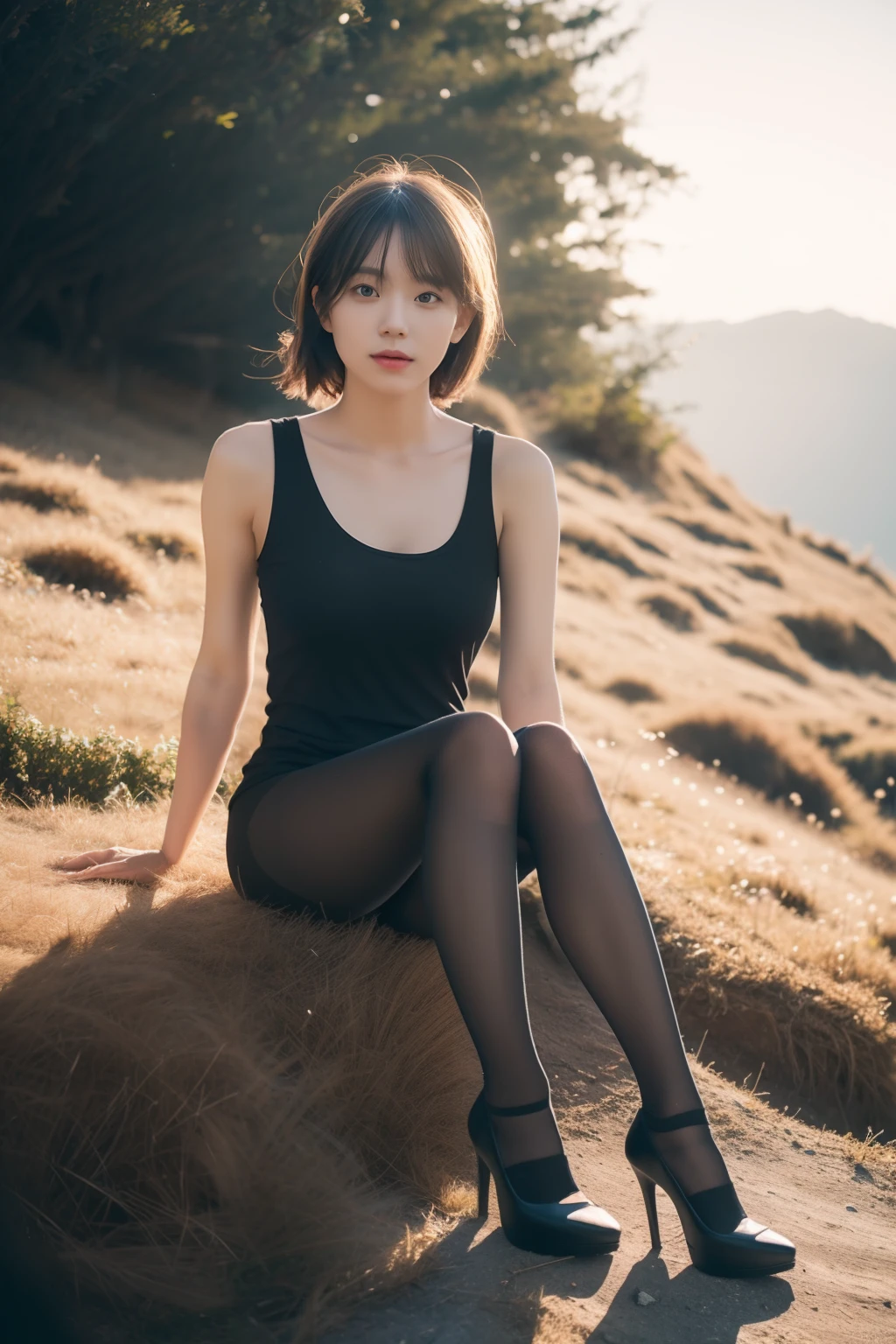 (Full body:1.5),(1girl in:1.3),(view the viewer:1.4),(anatomy correct:1.4),(Sitting at the top of a mountain:1.2),(Wearing a see-through tank top:1.2),(Transparent black pantyhose:1.3),( The girl pointed out thick heels :1.1),(Accurate and perfect face:1.3),(Long legs:1.3),hyper HD, Ray traching, reflective light, Structurally correct, awardwinning, high detailing, Lighten the shade contrast, Face lighting ,Cinematic lighting, masutepiece, super detailing, High quality, high detailing, Best Quality, K,High contrast,Transparent panties