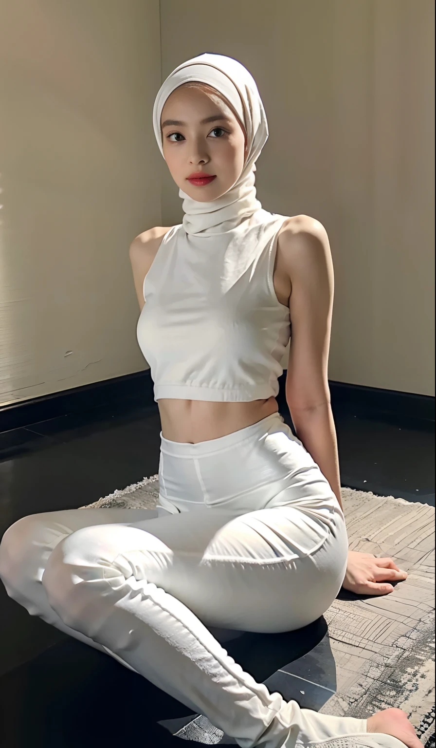 (1 Young and beautiful girl: 1.4), (8K, Raw photography, Best Quality, masterpiece: 1.2), high-definition RAW color photography, Professional Photography, Cinematic Light, (Fine face: 1.2), (Highest Quality: 1.2), (Naked: 1.2), (cleavage: 1.2), (Beautiful Medium Breasts: 1.5), wearing transparent hijab, white leggings, thight, a fit girl after workout (cameltoe details), thigh gap, Spread your legs apart, gym room, sweaty body after workout