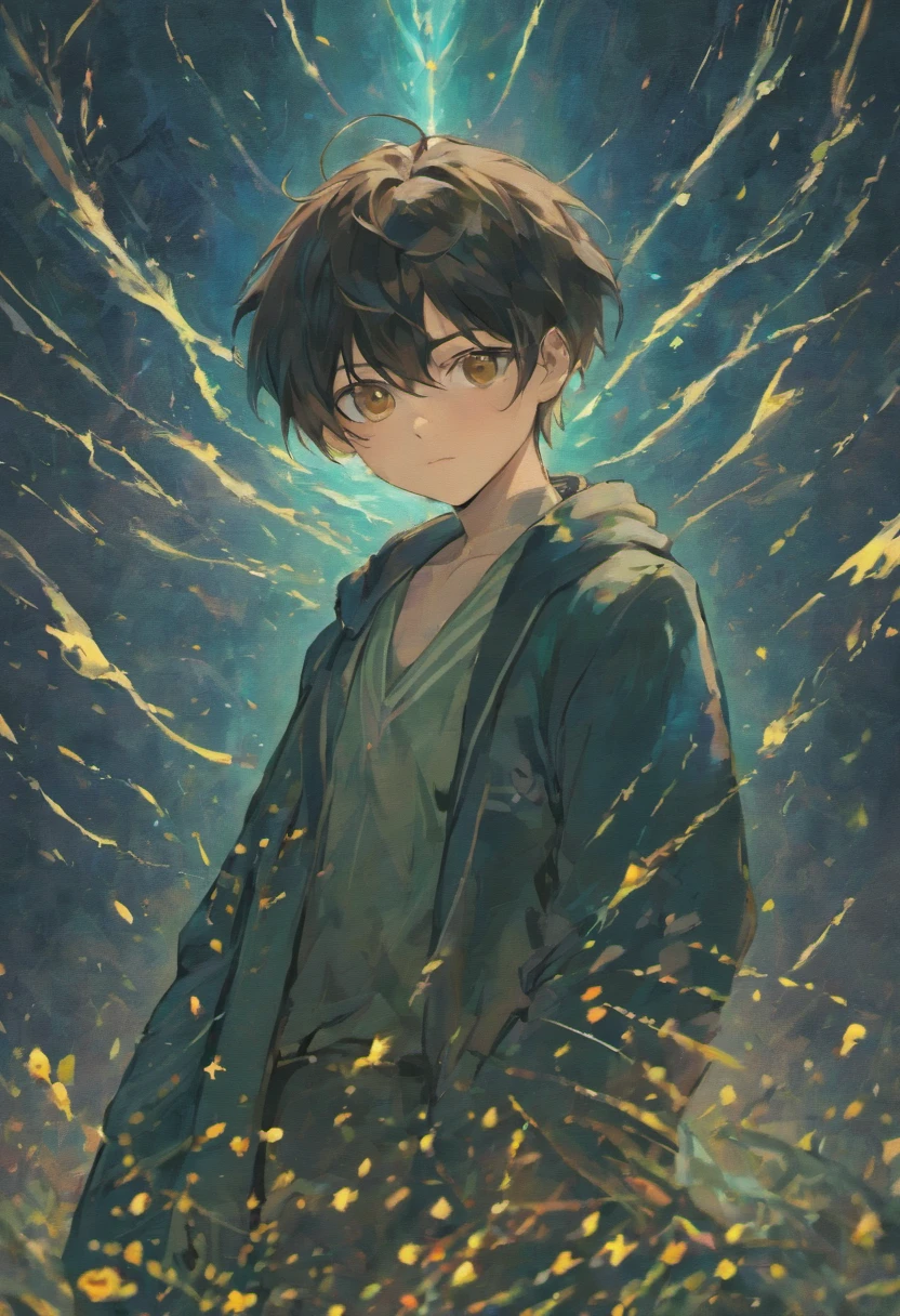 （tmasterpiece）， （best qualtiy）， （ultra - detailed）， A young man with short black hair， front look， looki at viewer， The upper part of the body， blossoms， Flowingcolors， mostly cloudy sky，