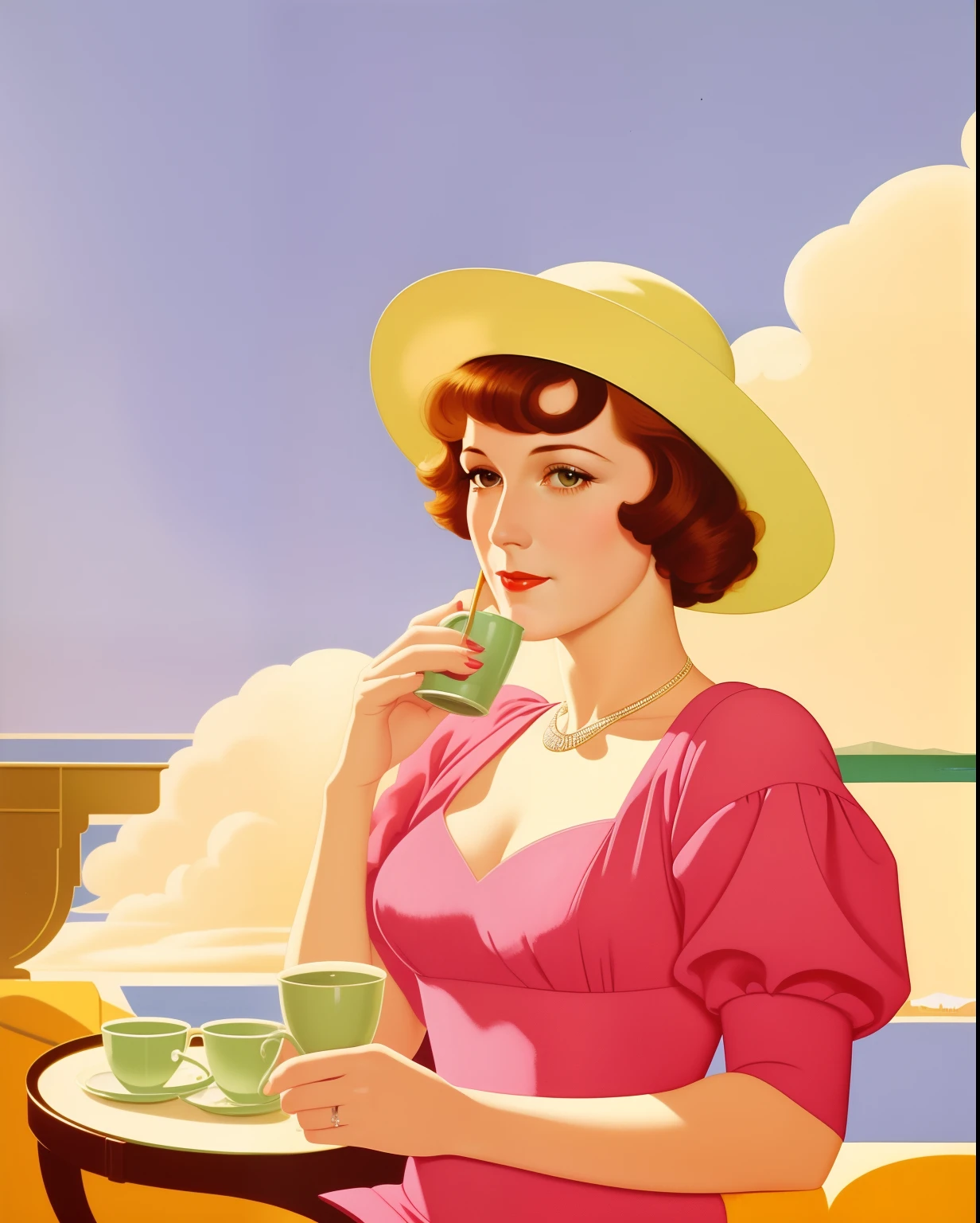 Painting of a woman in a pink hat drinking a cup of coffee, drinking tea, Directed by: Gee Vaucher, Directed by: Evelyn Abelson, art deco painting, Directed by: Yvonne Jacquette, por Dorothy Hood, Directed by: Pruett Carter, Directed by: Hovsep Pushman, inspirado em Gerda Wegener, Directed by: Harold Sandys Williamson, Directed by: Coles Phillips, Directed by: Tom Lovell