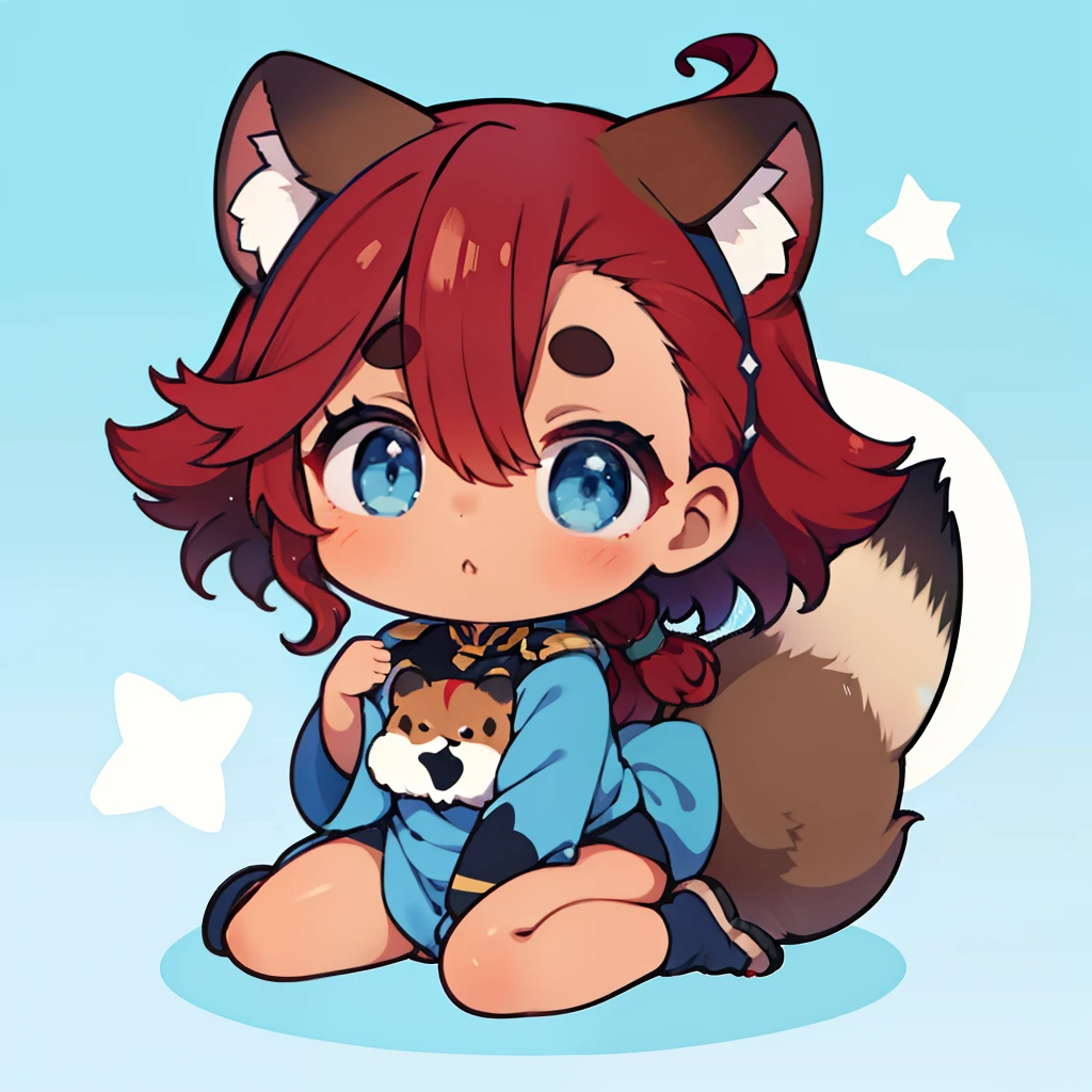 Chibi,masutepiece, The upper part of the body_Body, Sitting,  Round Tanukike Momimi, thick fluffy brown tail、blue clothing、Blue eyes,Tanned skin , hair between eye, Long hair, Red hair, swept bangs, Thick eyebrows, drooping eyes, Suletta Mercury