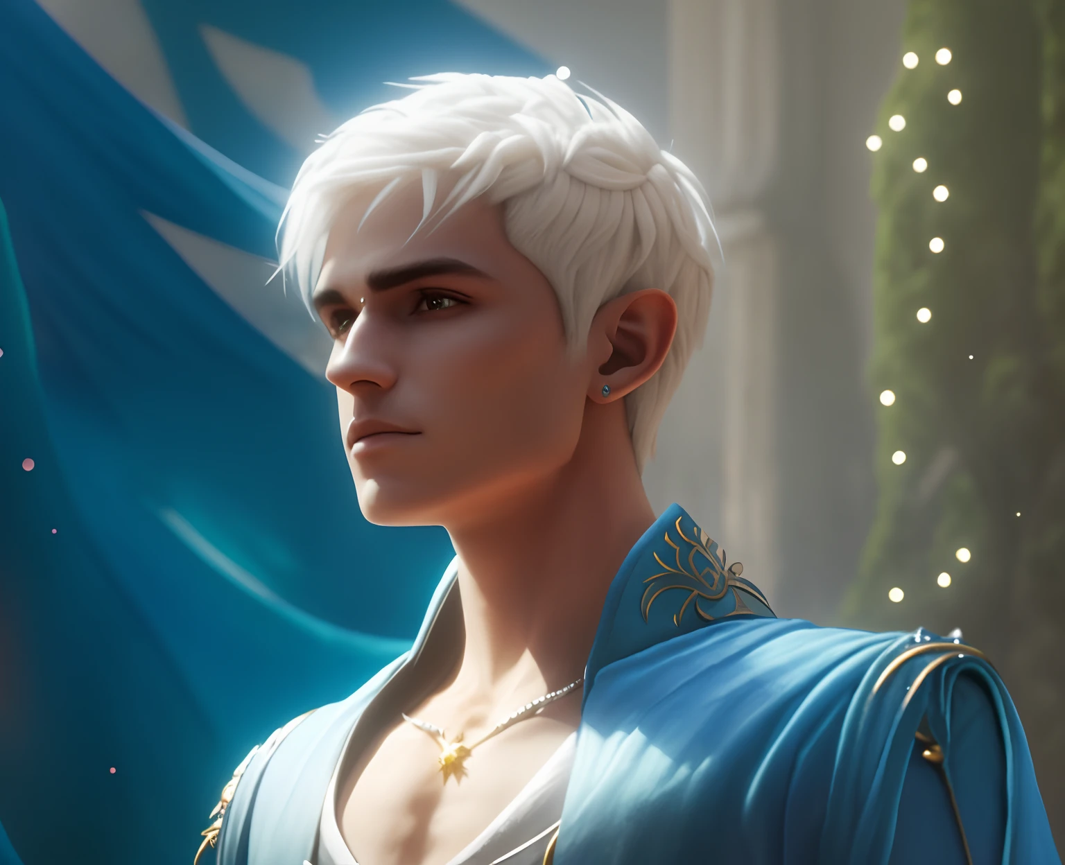 Um elfo de cabelos brancos e curtos, usando uma tiara, olhos azuis, inspirado no Fenris de dragon agr
