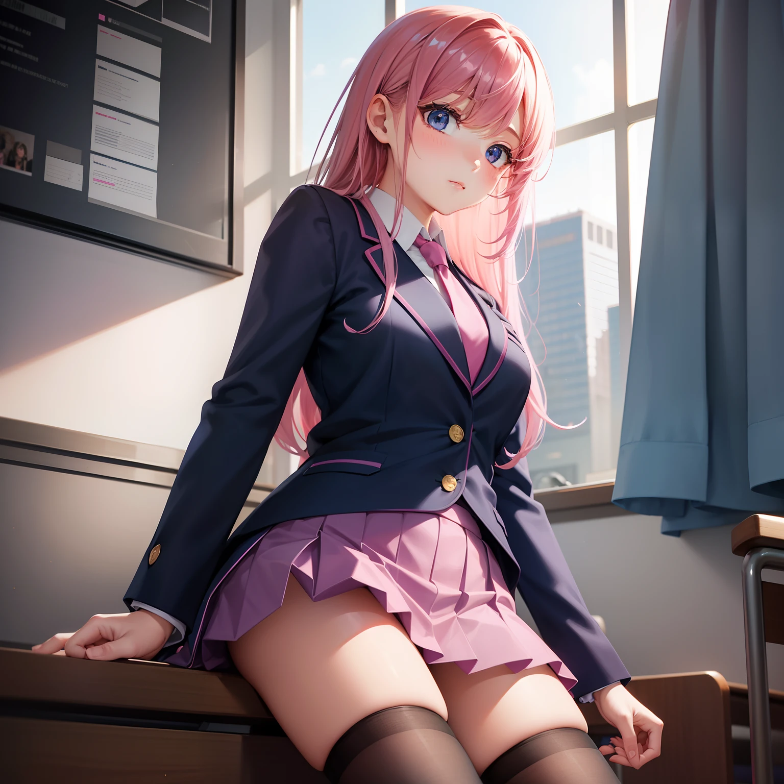 High School Girl, Dark blue blazer, Pink super mini skirt, Pink tie, knee high socks, Long pink hair, Solo, School Classroom, Looking at Viewer, Front view,