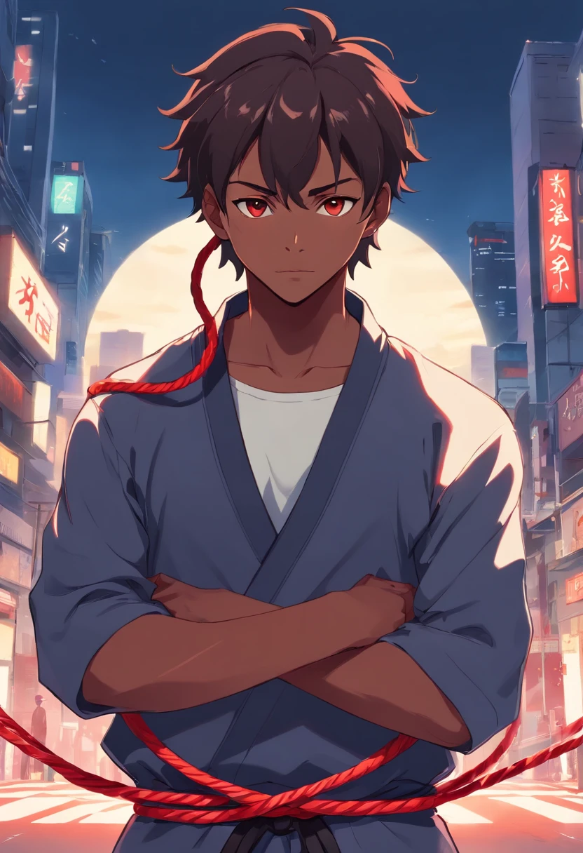Black man with low haircut Social red cord of Capoeira with wolf characteristics