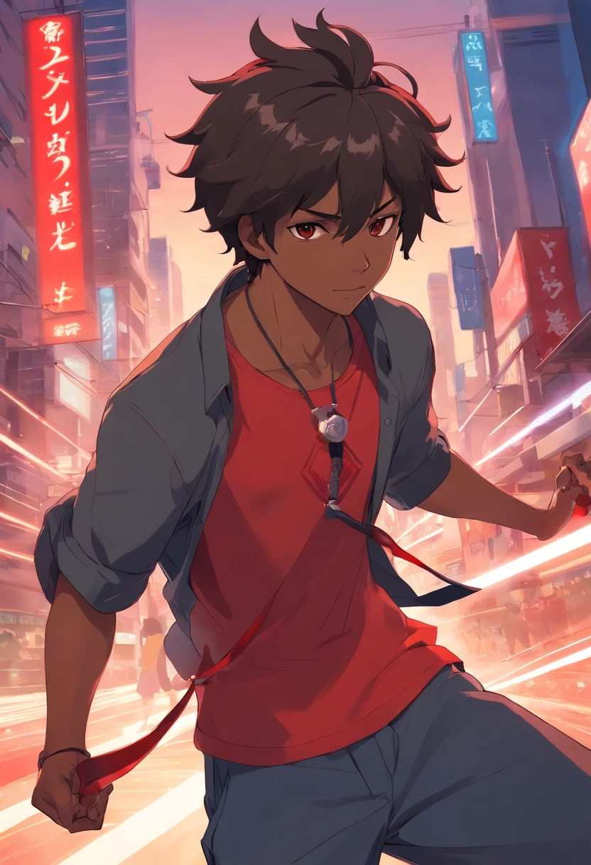 Black man with low haircut Social red cord of Capoeira with wolf characteristics