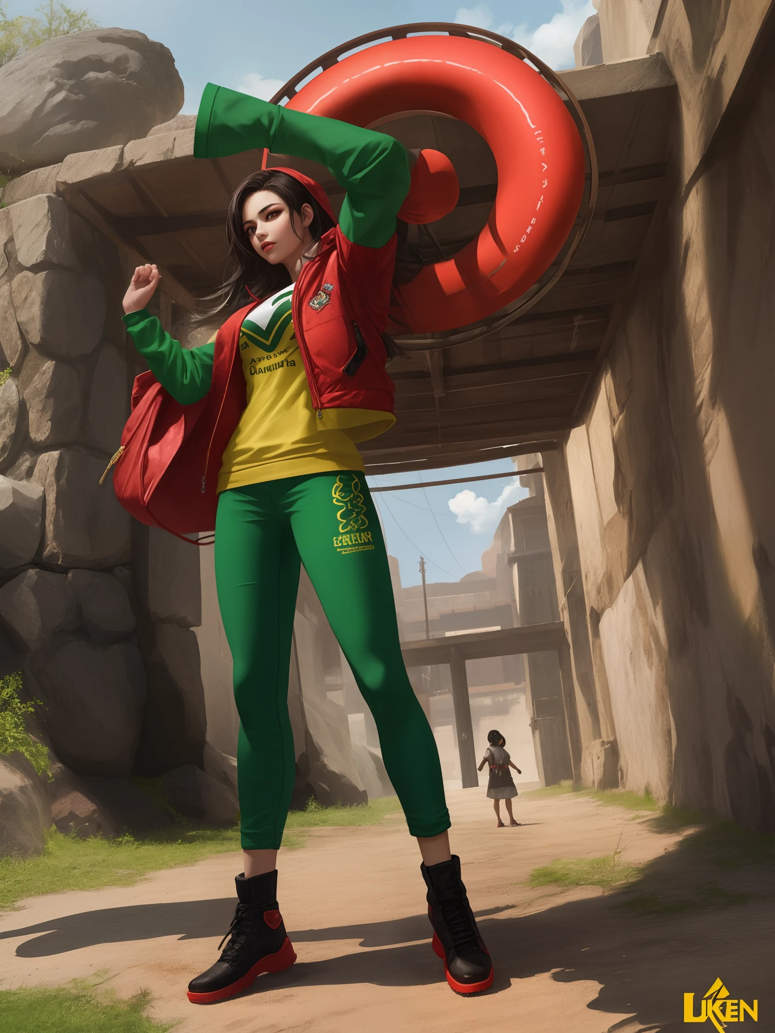 Personagem de jogo, estilo 3d, ultra realista, jovem, mulher, cabelo curto castanho, jogo tekken, roupas verde e amarelo, estilo de luta capoeira.