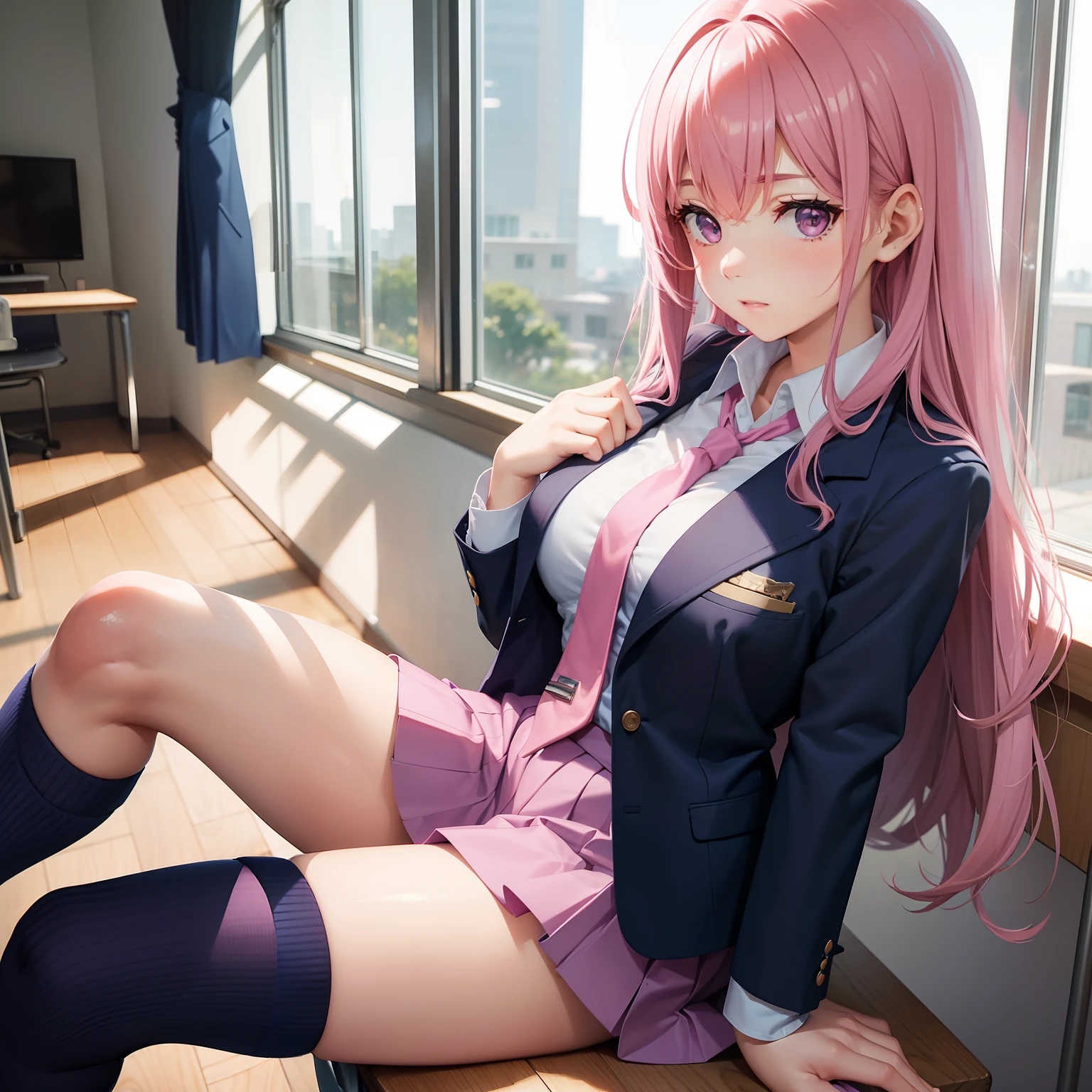absurderes:1.8, ((beautiful clear eyes, sitting, spread legs, from below:1.3)), ((school uniform, blazer, blackskirt、showing panties, panties emphasis:1.6, blue panties:1.4, pinkhair, medium hair, classroom))、(1woman), Unity 8K Wallpaper, Masterpiece, detailed hair, highly detailed, , (wicked smile:1.4), (blush:1.3)、More than one person