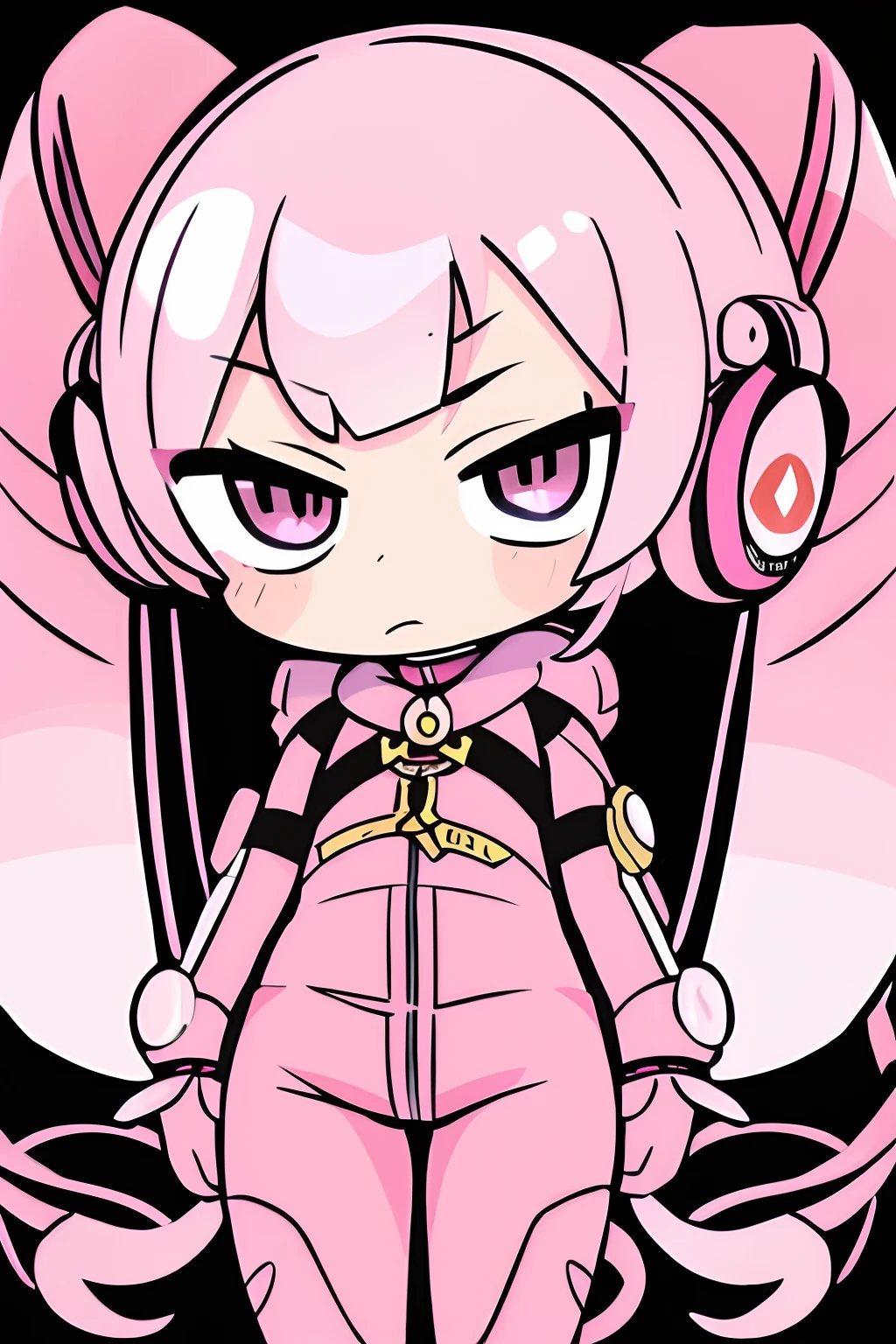 masutepiece, Best Quality, Official art, ultra-detailliert, Chibi, 1 boy, Alice \, (nikke\), Pink Bodysuit, animal ear headphones, clothes shiny, Twin-tailed, Latex bodysuit,