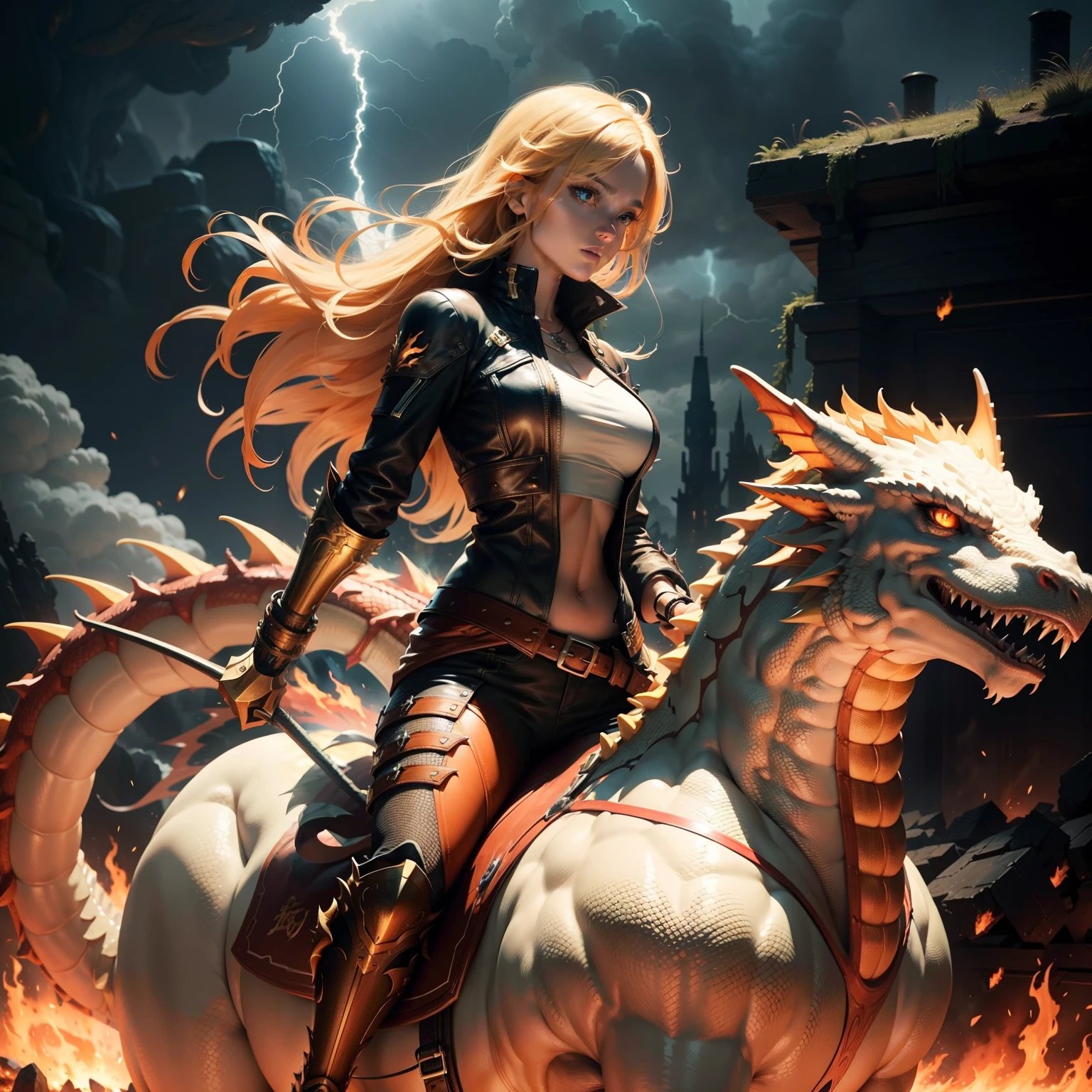 8k, a fiery girl with beautiful blonde hair, brown eyes, riding a cool fire-breathing dragon, lightning and a world destroyed by meteors