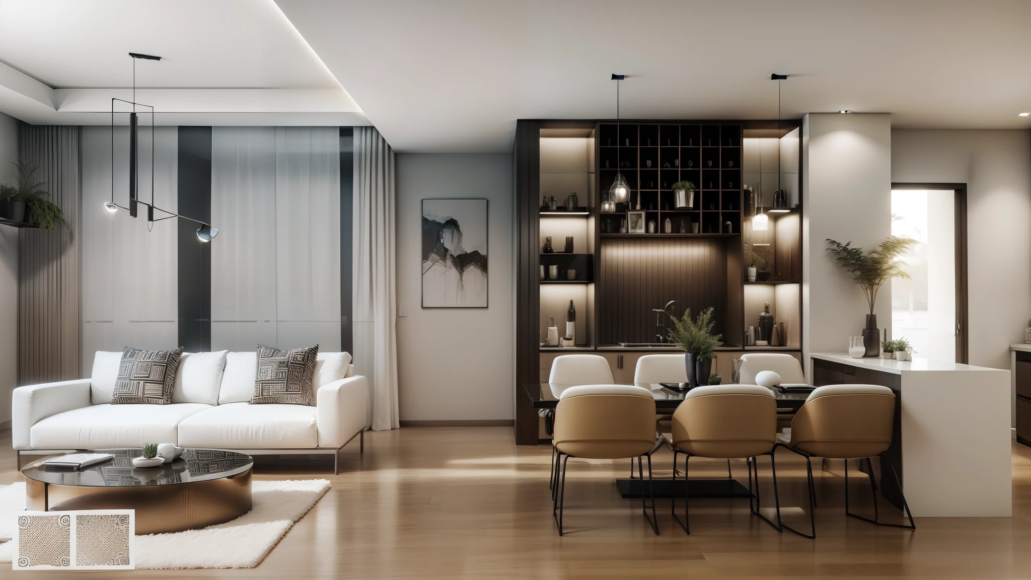 You are a renowned interior designer and have been commissioned to create a 3D image of a modern large room. Create a harmonious environment with modern and minimalist furniture. inclua algumas plantas interiores para dar um ar mais fresco.