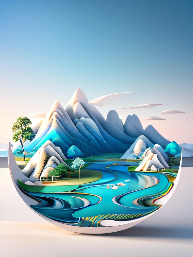 Traditional Chinese landscape painting, paper creation, 3D stereoscopic rendering, color gradient from white to light blue, 4K resolution, simple and natural composition, :white background, fresh and vulgar style. (:nature:)