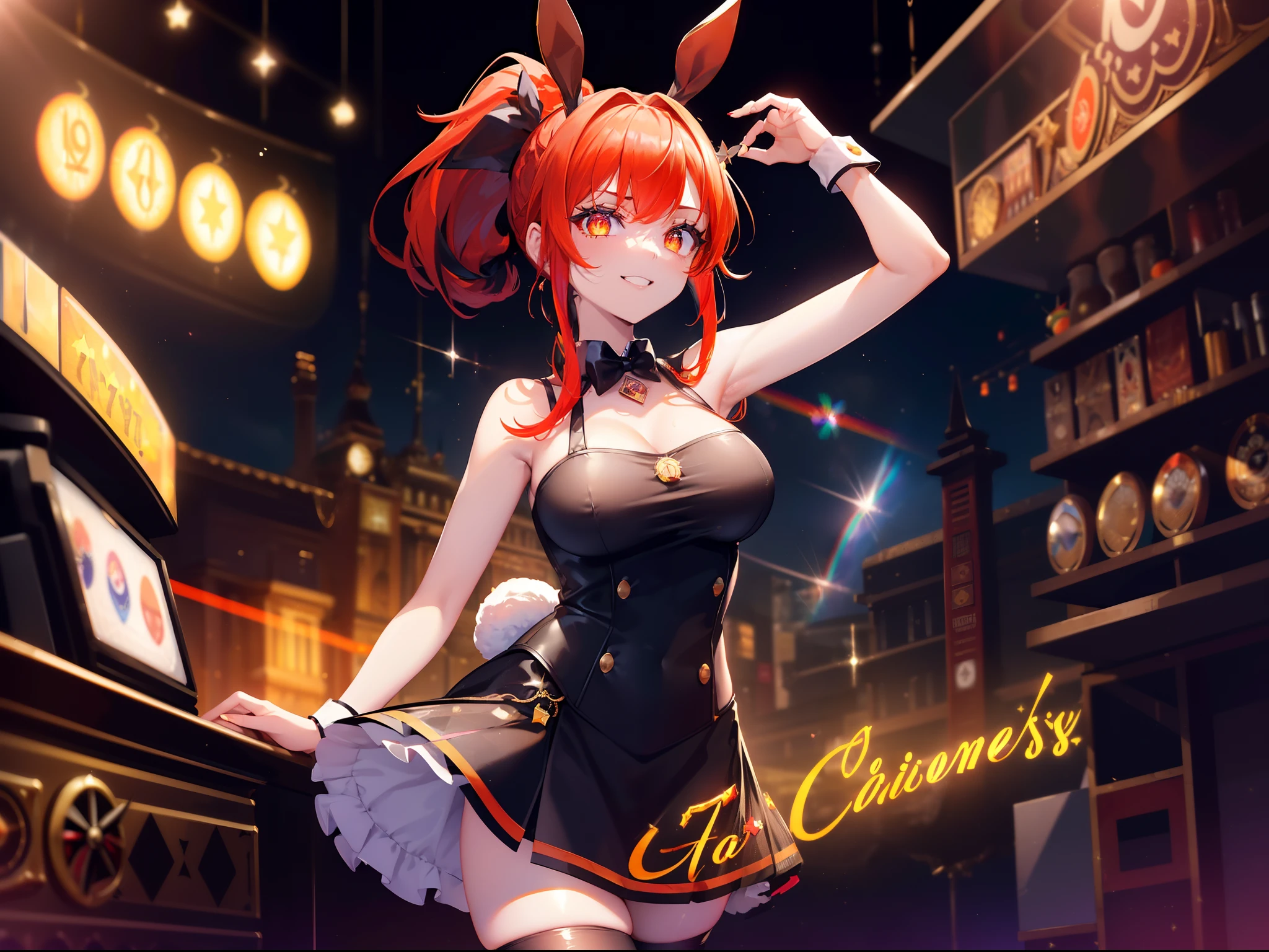 (Cat's ears:1.3),(Bright red hair ponytail with details:1.7),(Backthrust Focus:1.3),(Slim Face:1.3), (slot machines:1.3),(Excited smile:1.3) ,(large full breasts:1.0),(Black Bunny Girl Suit:1.3),(big eye:1.3), (fishnet tights:1.2), (Exposing breasts:1.3), (Rabbit ears:1.3), (trump card:1.3),(jackpot:1.3),7 Design,Bar Design,Casino Text,pentacle,gold rush,Casino Poker,Casino Roulette,Neon Beam,Canon 5D, 85 mm, Depth of subject, 8K, ultra sharpness, nffsw, octane, Unreal, Dramatic light, Global Illumination,Motion Picture Film,rainbow,lensflare,(Orange Eyes:1.3),extremely detailed eye,(Star Rainbow Art:1.3),(PlayingCards:1.3),(Agfacolor:1.3),(close portrait:1.3),(Feminine:1.4),(Beautiful:1.4),(Attractive:1.3),Move an angle,perfectly detailed eyes,Themed Background,