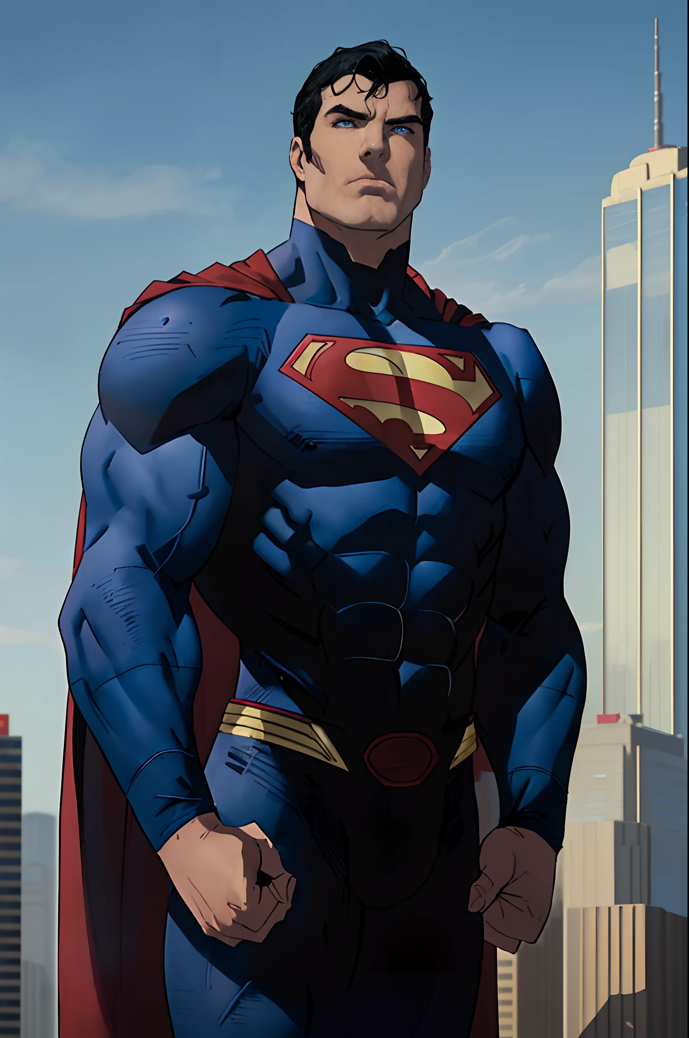 1boy, superman, abs, bara, black hair, blue bodysuit, blue eyes, bodysuit, cape, closed mouth, crossed arms, large pectorals, male focus, muscular, muscular male, pectoral lift, pectorals, red cape, short hair, outdoors, skyscrapers, solo, superhero, upper body , ((masterpiece))