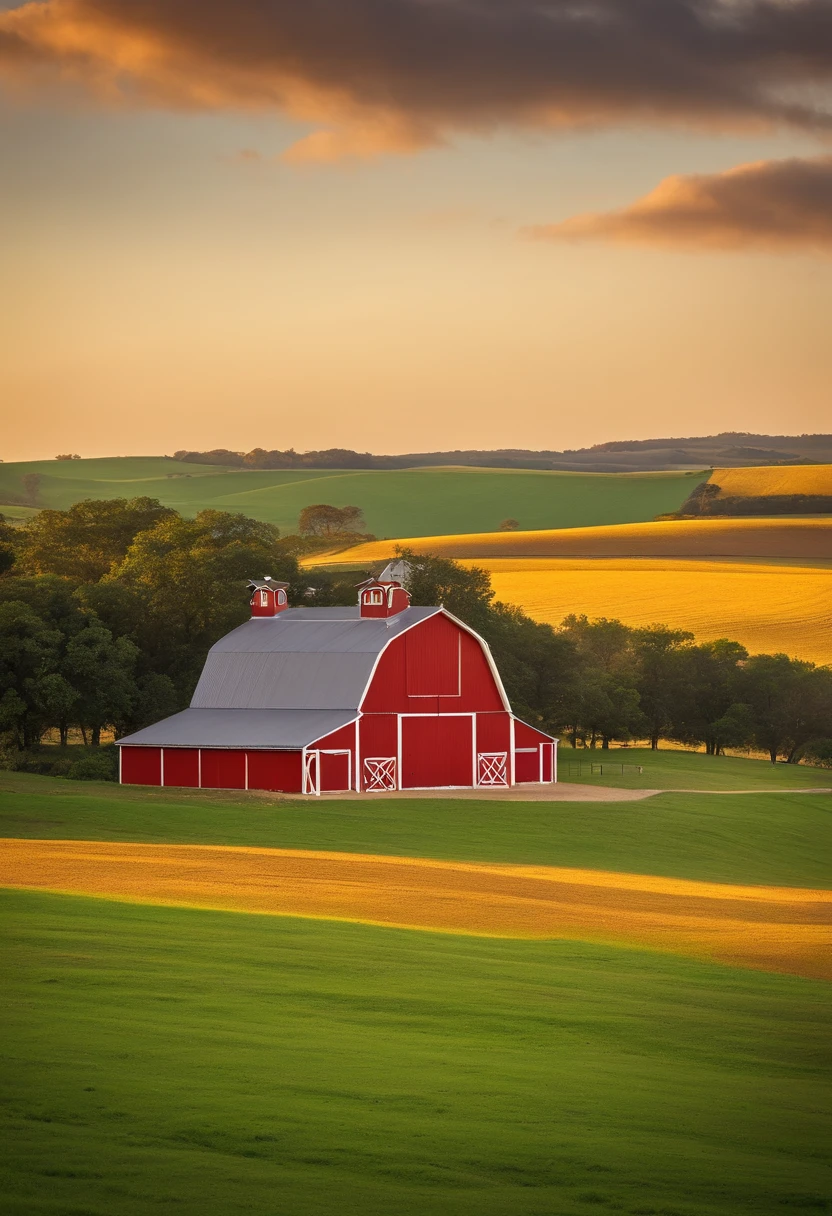 There is a red barn in a field with green serreas, varias arvores e cerca ao redor, alguns animais, ao fundo, Red barn in the distance, country landscape, Vista ampla de uma fazenda, celeiro no fundo, farm land, celeiro no fundo, esplendor rural, Fazendas, barnet, Rural area, Gambrel roof building, Quinta, ao lado de uma casa de fazenda e um celeiro, ao lado de um celeiro vermelho, fazenda, tem varias arvores, um cercado, alguns animais, vaca, galinha
