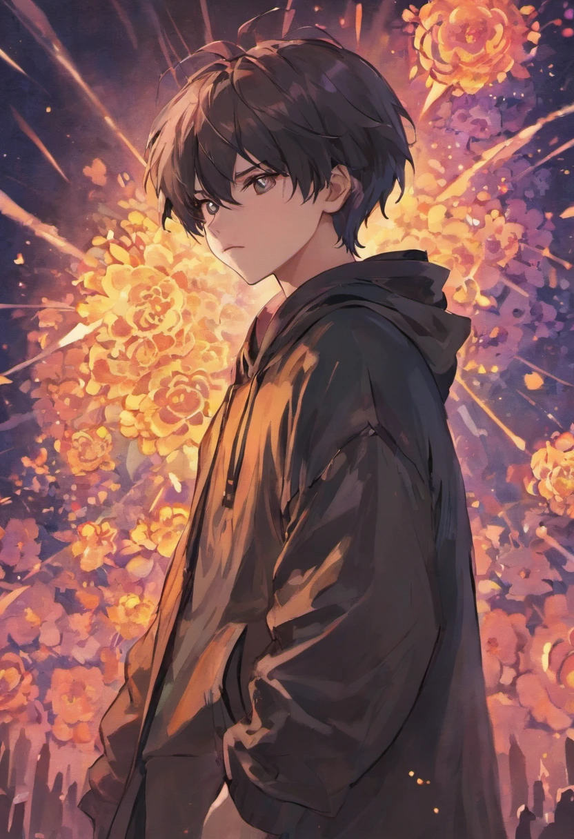 (tmasterpiece), (best qualtiy), (ultra - detailed), A young man with short black hair,Wears a black hood,Western fantasy, front look, looki at viewer, The upper part of the body, blossoms, Flowingcolors, mostly cloudy sky,