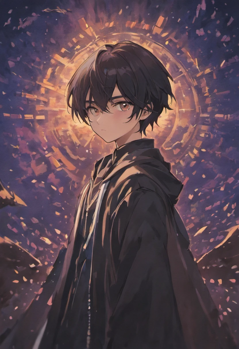 (tmasterpiece), (best qualtiy), (ultra - detailed), A young man with short black hair,Wears a black hood,Western fantasy, front look, looki at viewer, The upper part of the body, blossoms, Flowingcolors, mostly cloudy sky,