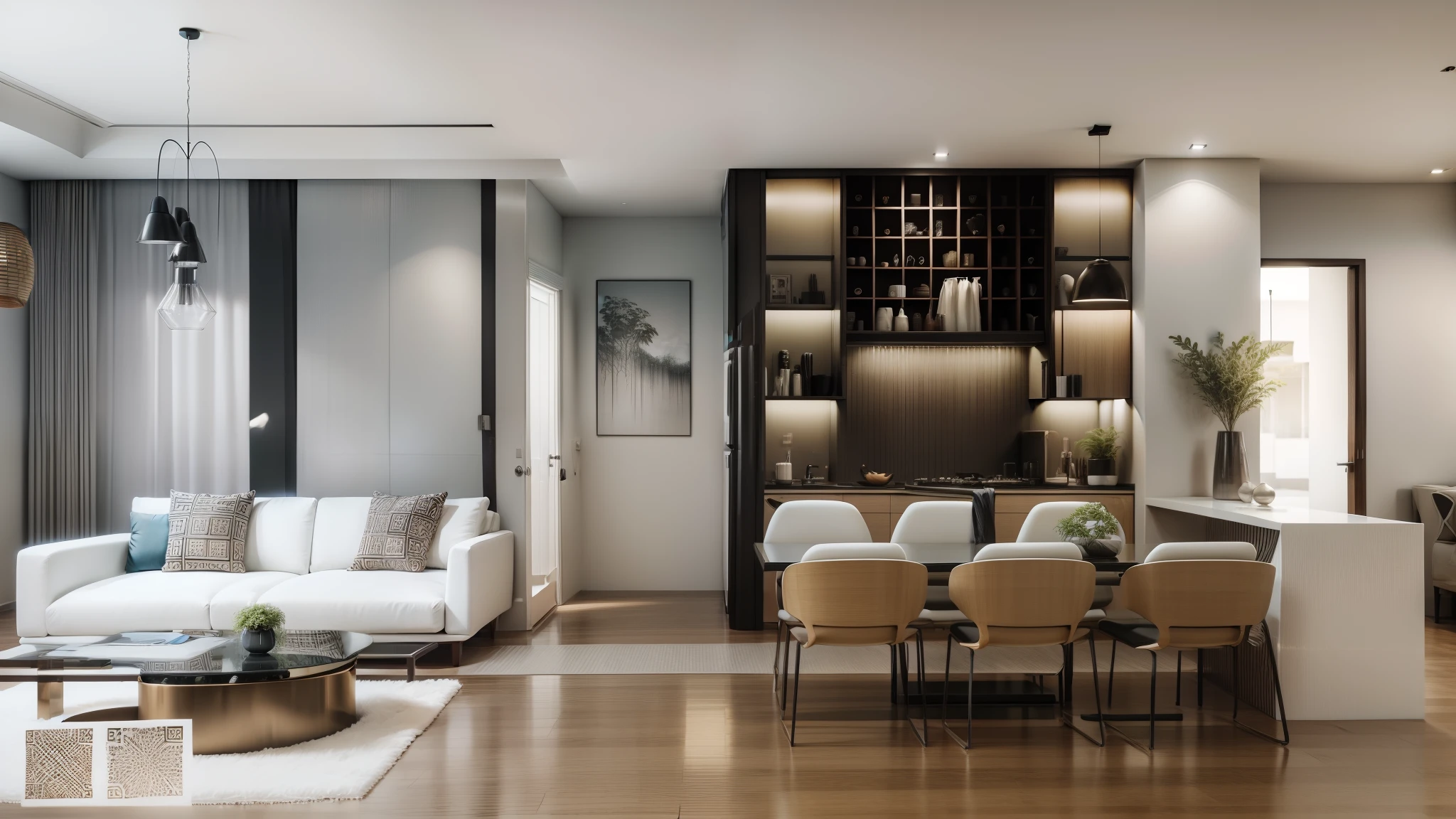 You are a renowned interior designer and have been commissioned to create a 3D image of a modern large room. Create a harmonious environment with modern and minimalist furniture. inclua algumas plantas interiores para dar um ar mais fresco.