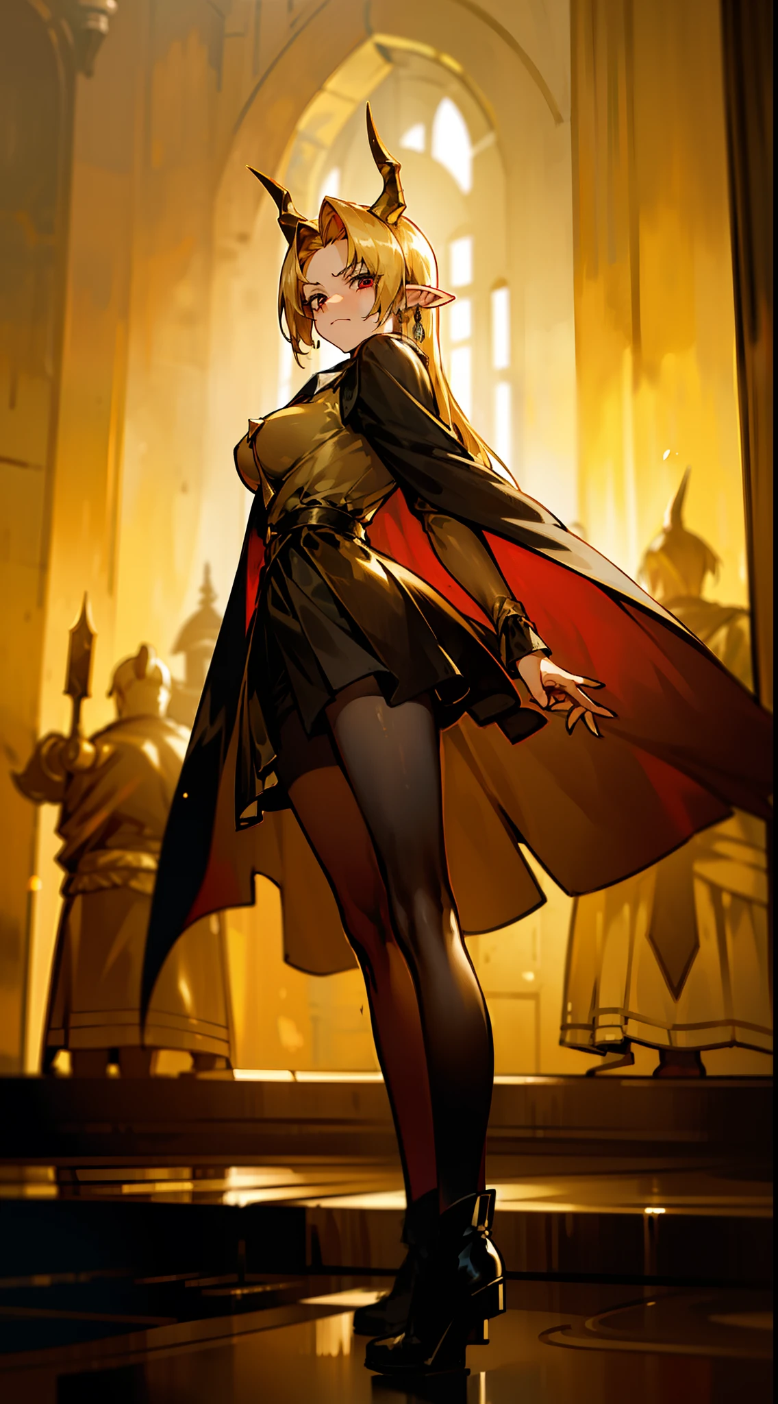 1woman,40s,solo,angry face,golden and black short dress,black skirt,medium tits,golden hair,long hair,red eyes,elves ears,golden horns,pantyhose,cape,(((standing in front of a room inside a castle)))