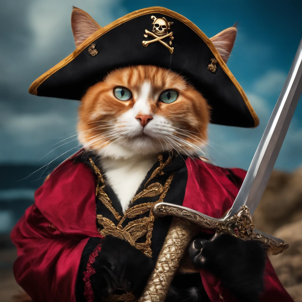 Female cat in pirate garb with sword in hand