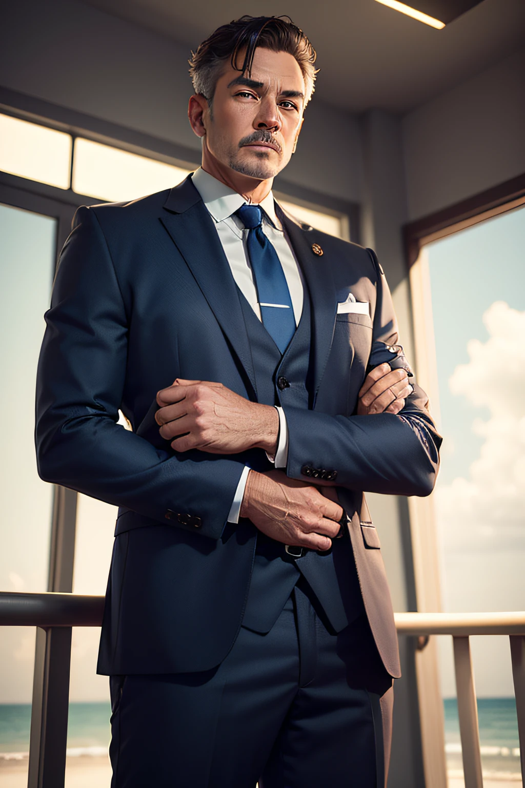 Man with middle-aged male winner's stance with his hand on his waist looking at the horizon dressed in suit