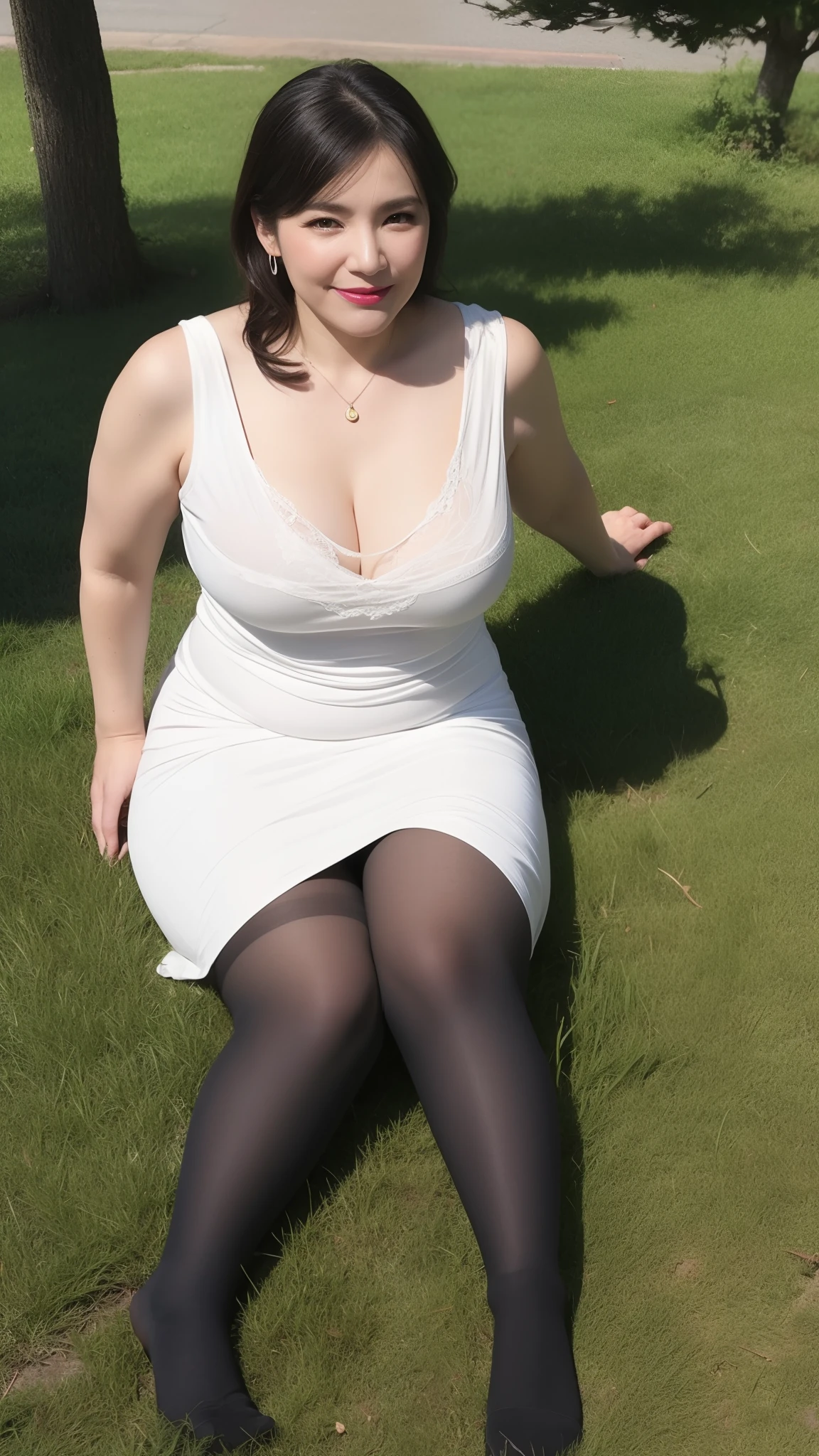 (fullbody:1.3), (extreme beauty), (fat evil goddess), intaglio, Best quality, Ultra-detailed, Photorealistic, Super detailed skin, Perfect ???????, (1 Japanese mature female), (Solo), 65 years old, Big breasts, Mature female politician, carismatic, A sexy, Chromo-white skin, view the viewer, middle aged women,(No cleavage),upper legs, Makeup, (Lipstick: 1.1), (Eyeliner: 1.2), Mascara, Eyeshadow, Wavy Hair, Room, Outdoors, Earrings, necklace, shiny sleeveless dress, black pantyhose, Wrinkles at the corners of the eyes, ???? wrinkles,