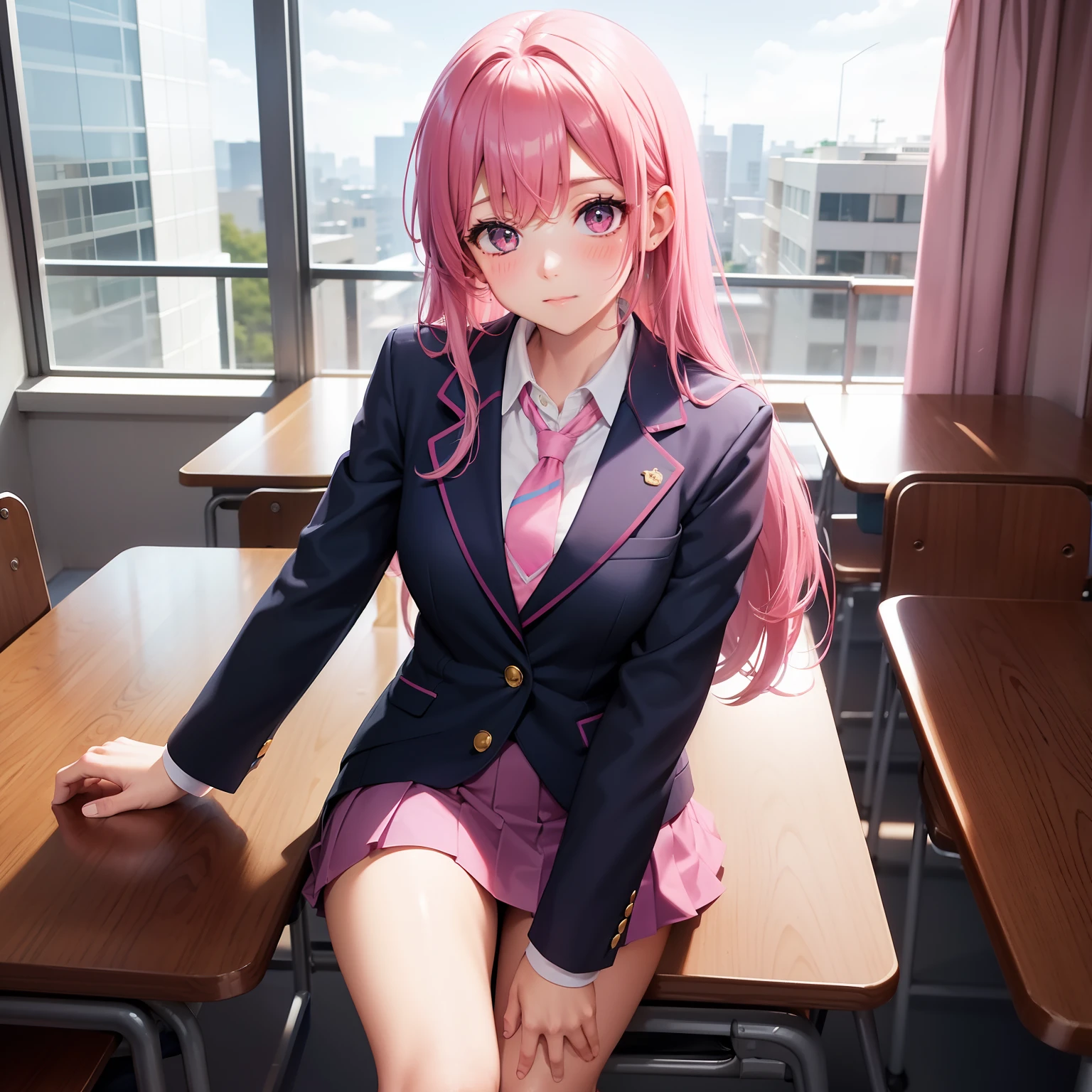 High School Girl, Dark blue blazer, Pink super mini skirt, Pink tie, knee high socks, Long pink hair, Solo, School Classroom, Looking at Viewer, Front view,