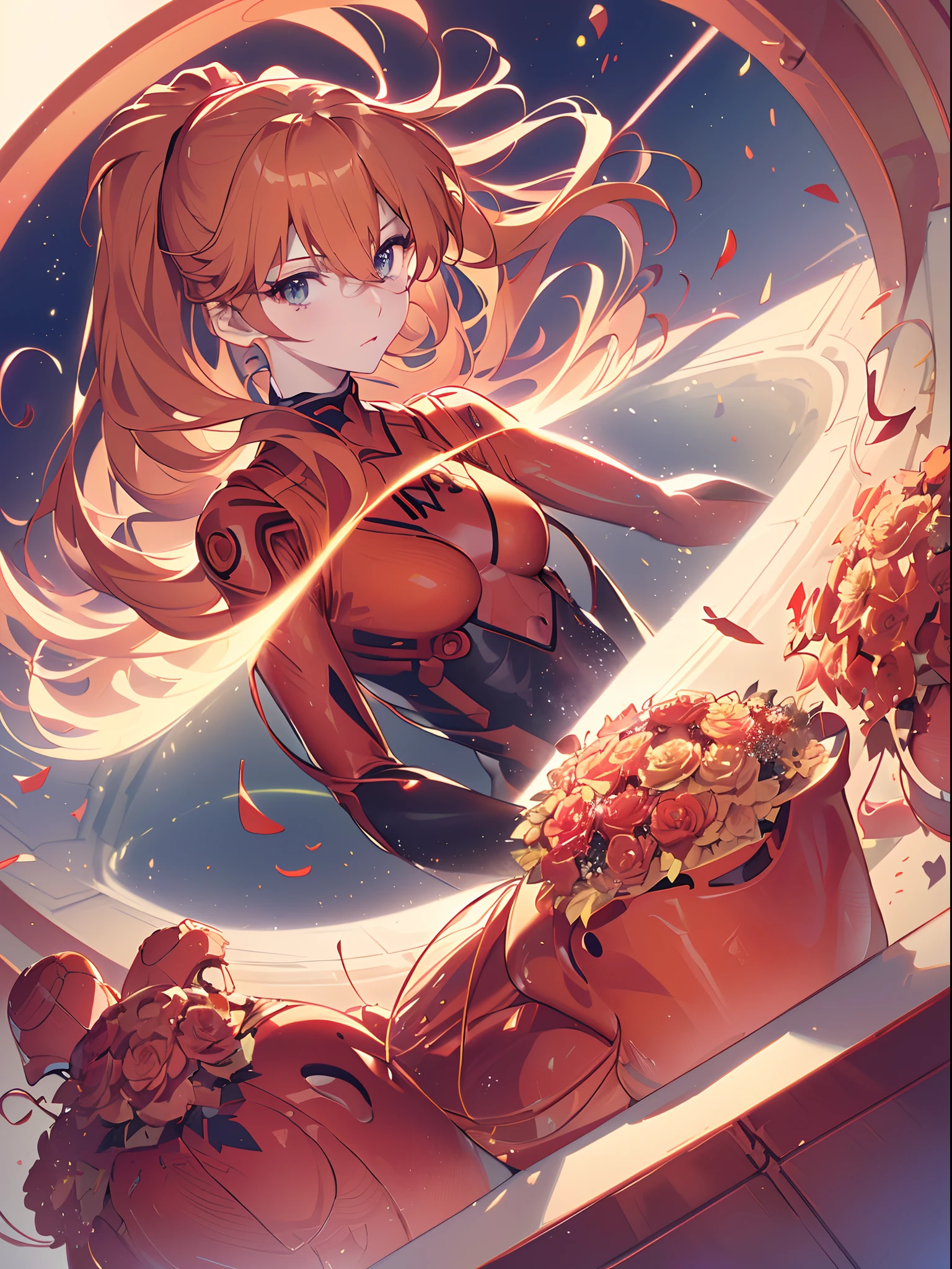 ((souryuu asuka langley,bodysuit,red plugsuit1.2,Blonde,high ponytail)),(Glowing eyes:1.233), diffuse reflection, high-profile, majestic,(Tsundere,very blushing face,)(Beautiful and detailed eyes:1.3),1girl,Solo,(Masterpiece,Best quality, offcial art,Target the audience, Beautiful and aesthetic:1.2),(超高分辨率,Golden ratio, (4K), looking from above,((flower bouquet)),Floating, (photon maping, Radio City, Physically-based rendering,automatic white balance),Amazing,Sharp focus,Rich background, (((high detailed skin,)))Dynamic lighting,Intricately detailed clothing,Watery eyes,(masterpiece sidelighting),(a beauty girl,The sheen),[[Delicate fingers and hands:0.55]::0.85],(Detail fingers),((((BREAK,Design an image with a fisheye lens effect, capturing a wide field of view with a distinctive, curved perspective:1.4.BREAK,)))Superior photographic quality((extremely_Detailed_Eyes_and_face)),(Disheveled hair),Movie girl,