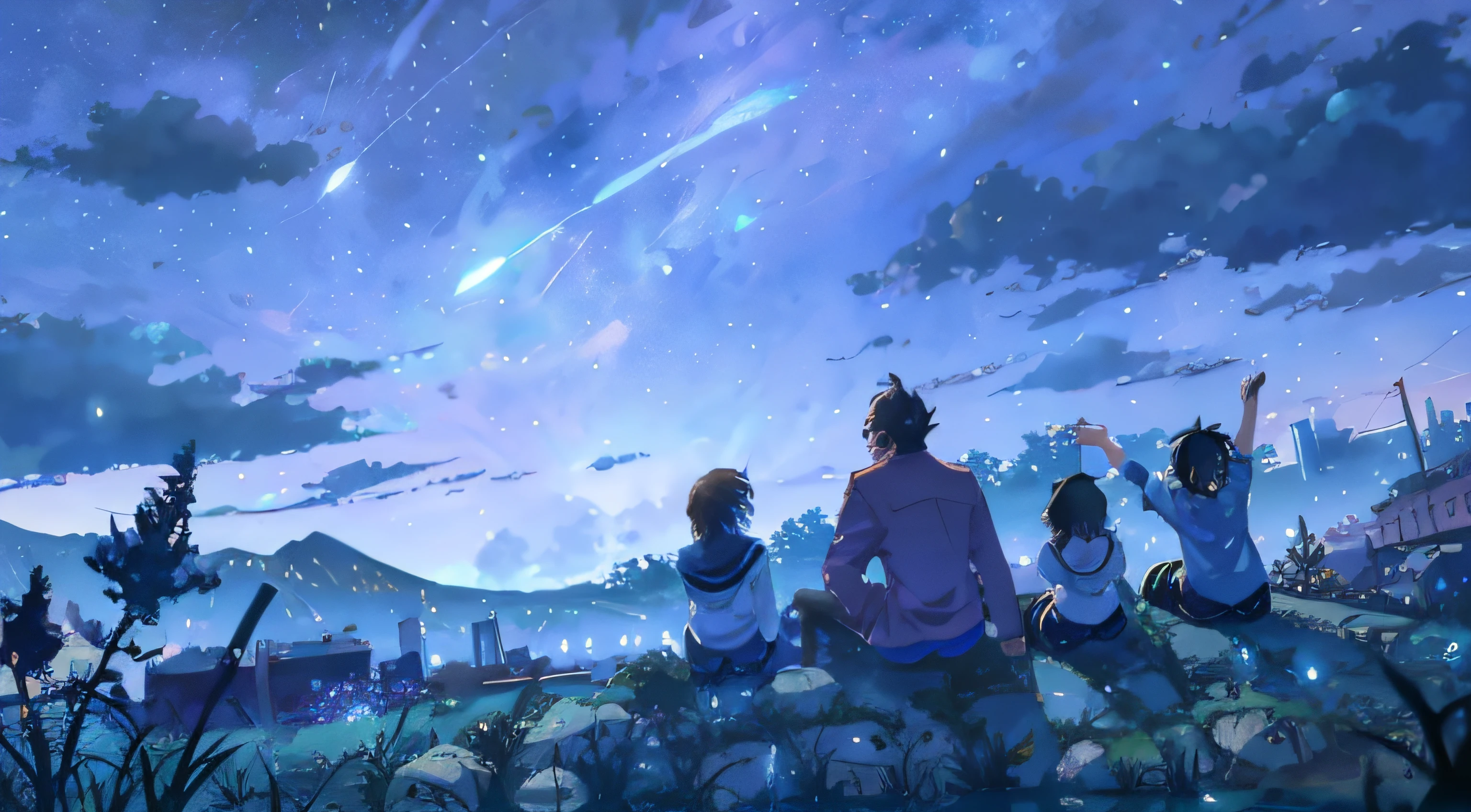 Anime scene of a family watching shooting stars, Makoto Shinkai Cyril Rolando, 4k manga wallpapers, 4K anime wallpaper, your name movie style, Anime art wallpaper 8 K, anime backgrounds, Anime art wallpaper 4 K, ( ( Makoto Shinkai ) ), Anime art wallpaper 4k, makoto shinkai art style